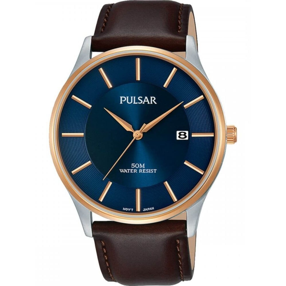 Rose Gold Plated Case & Blue Date Display Dial With Brown Leather Strap Ladies Watch
