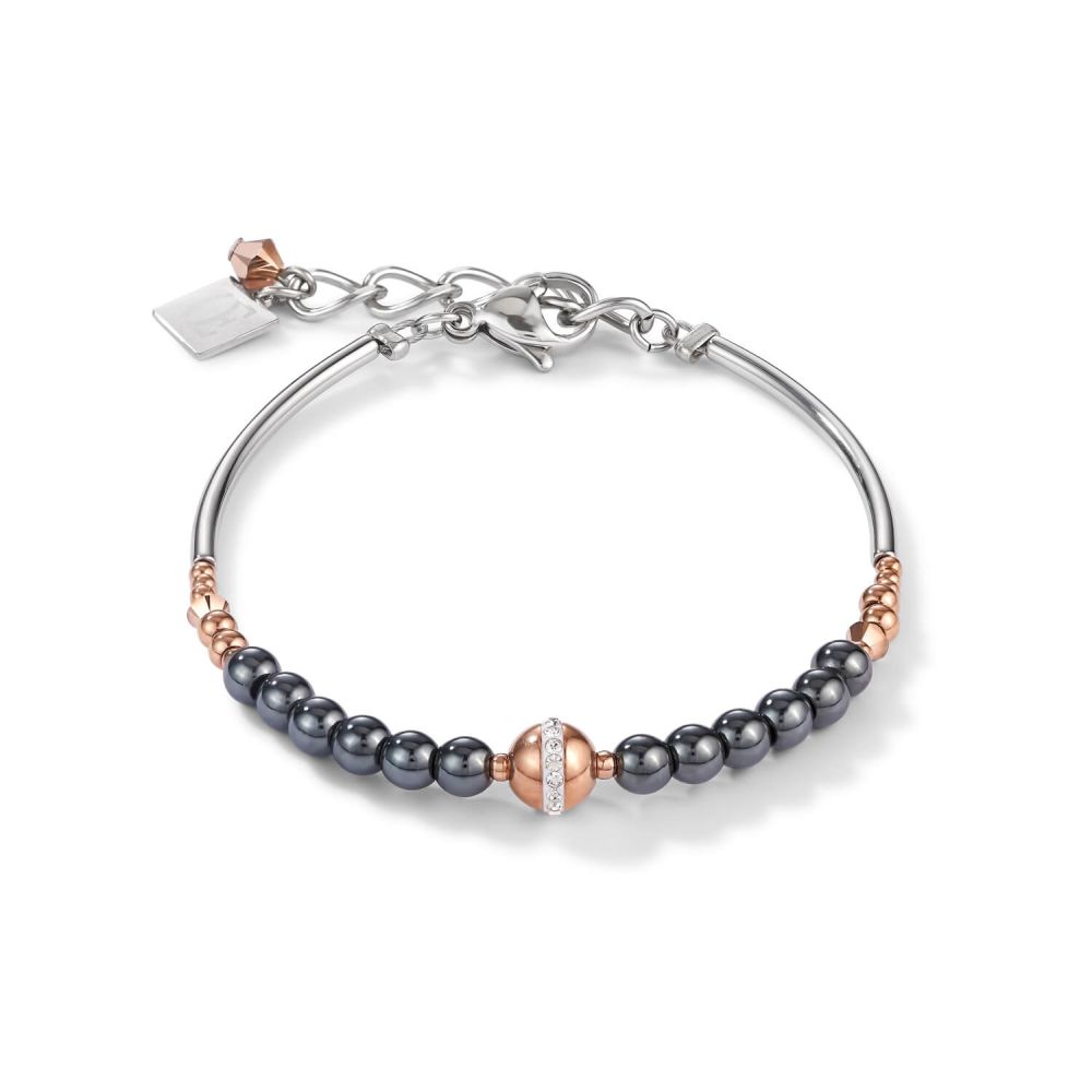 Stainless Steel Rose Gold & Haematite Anthracite Ball Bracelet