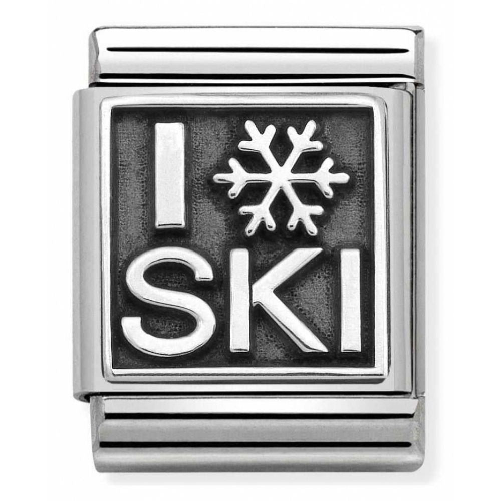 Composable Oxidized I Love Skiing Symbol Stainless Steel And Sterling Silver Big Charm