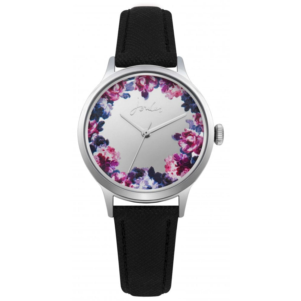 Black Saffiano Leather Strap Mirror Dial Floral Print Ladies Watch