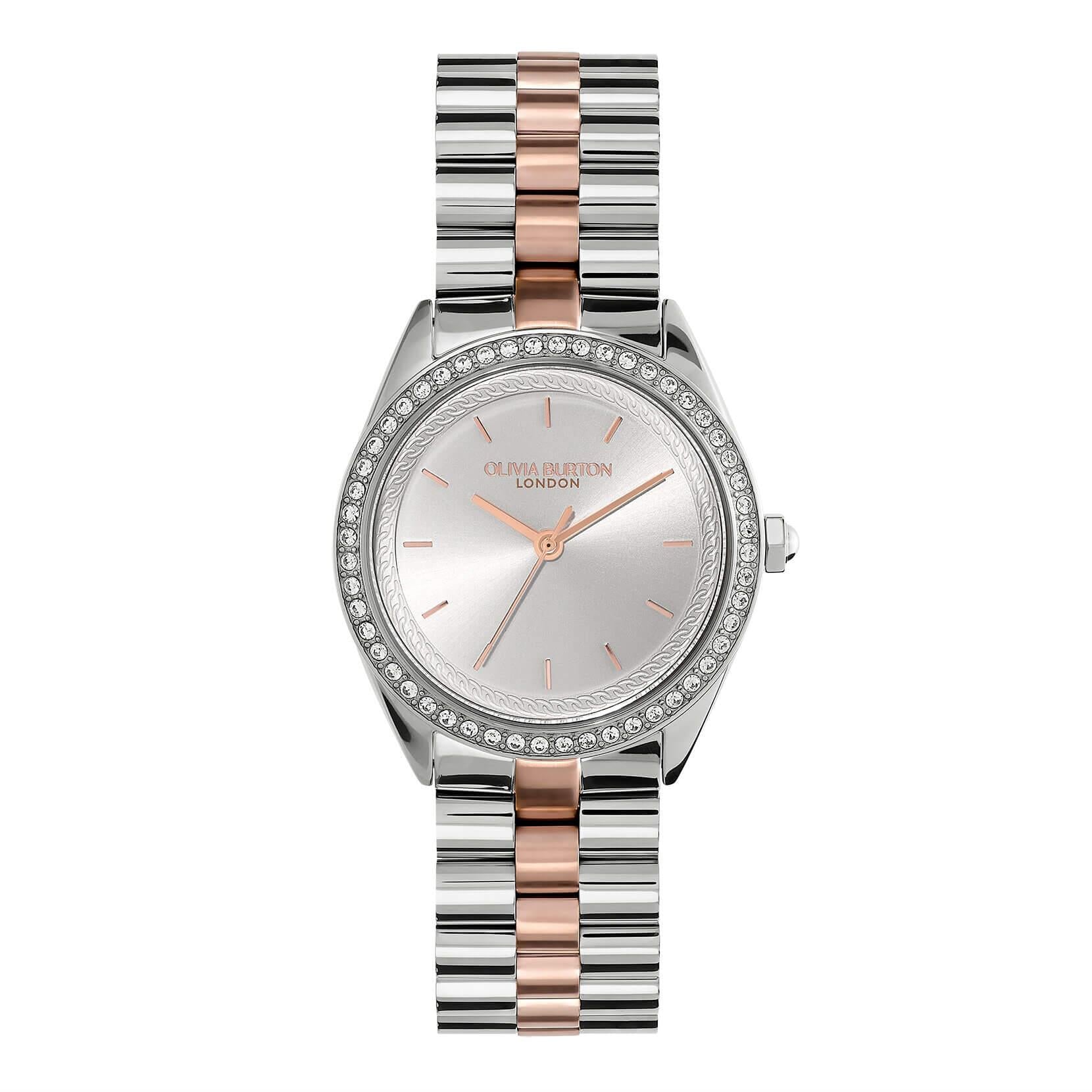 Bejewelled Silver Dial & Two Tone Bracelet Watch