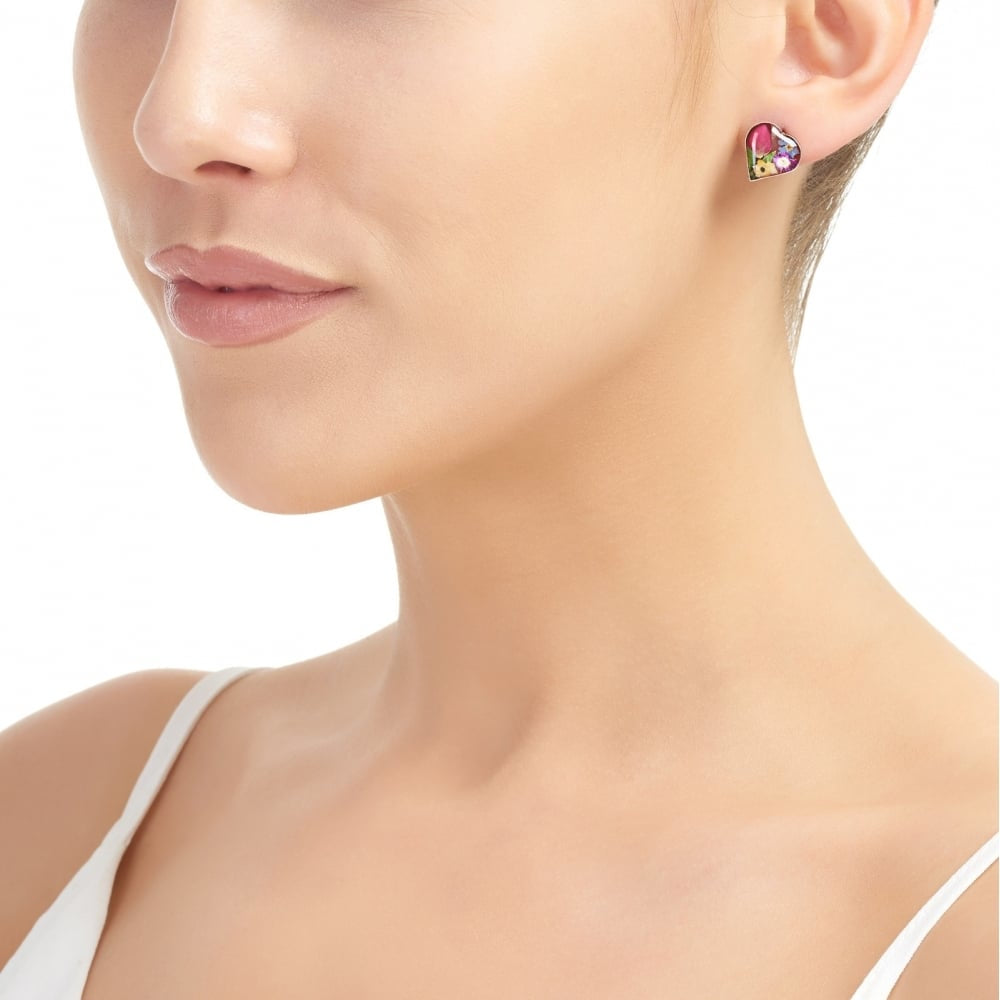 Silver Stud Earrings - Mixed Flowers, Yellow - Small Heart