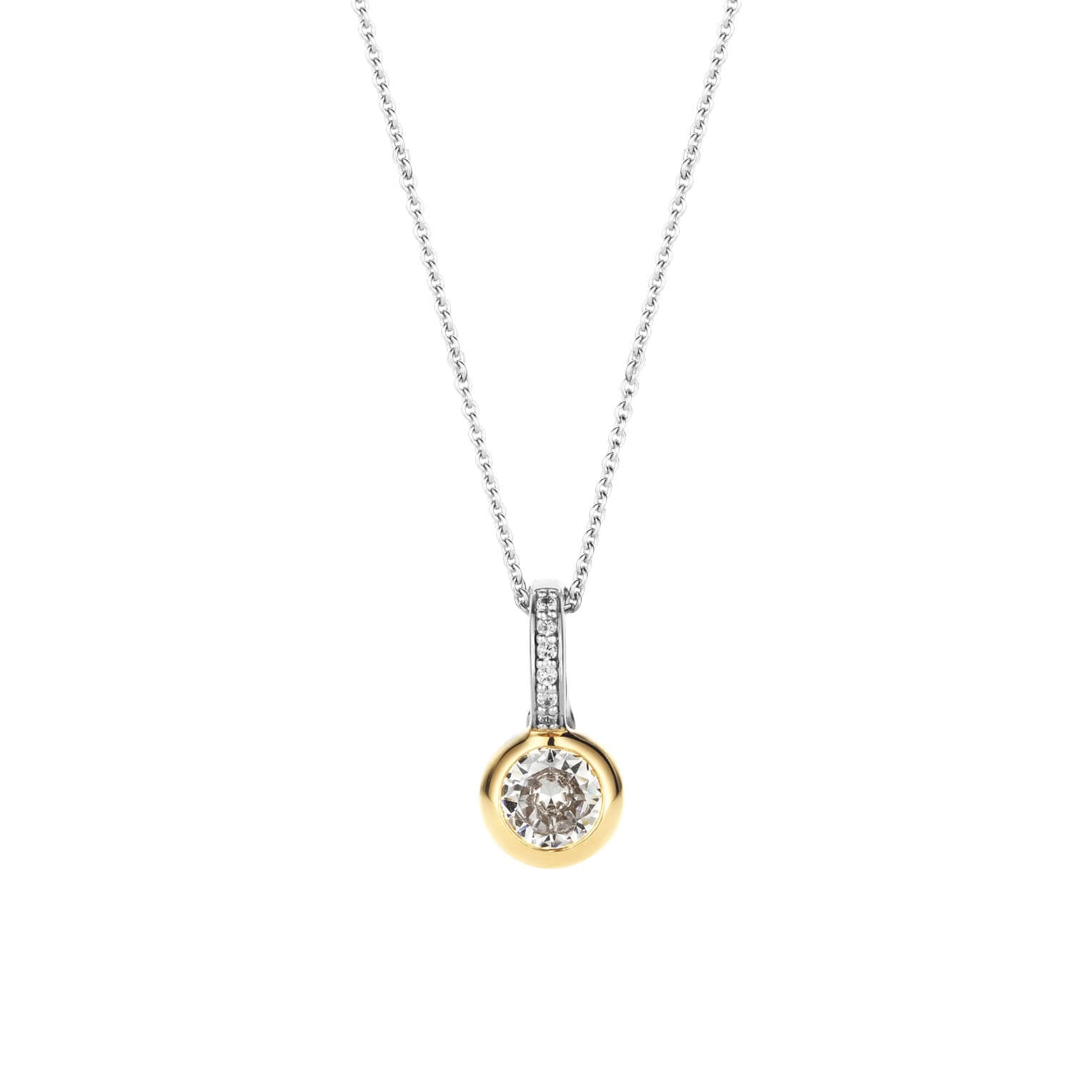 CZ Stone Set Gold Tone Circle With CZ Silver Clip Eye Pendant Necklace