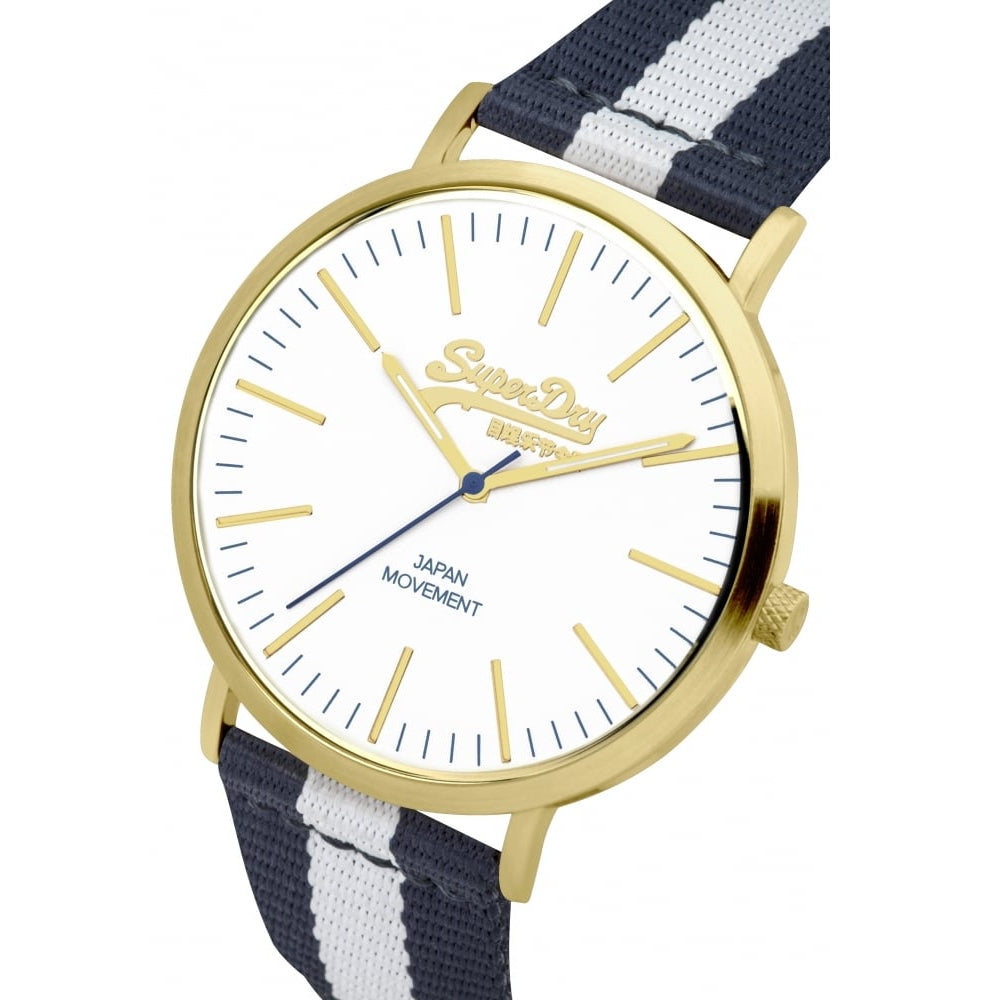 Oxford Nylon Navy Blue And White Stripes With Black Leather Strap Watch With White Dial