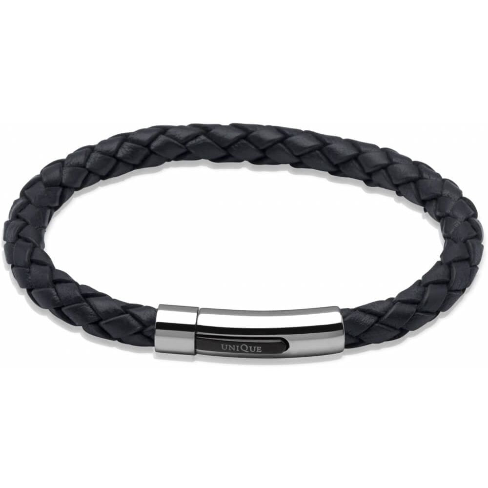 Navy Blue Leather Bracelet Steel Clasp Black