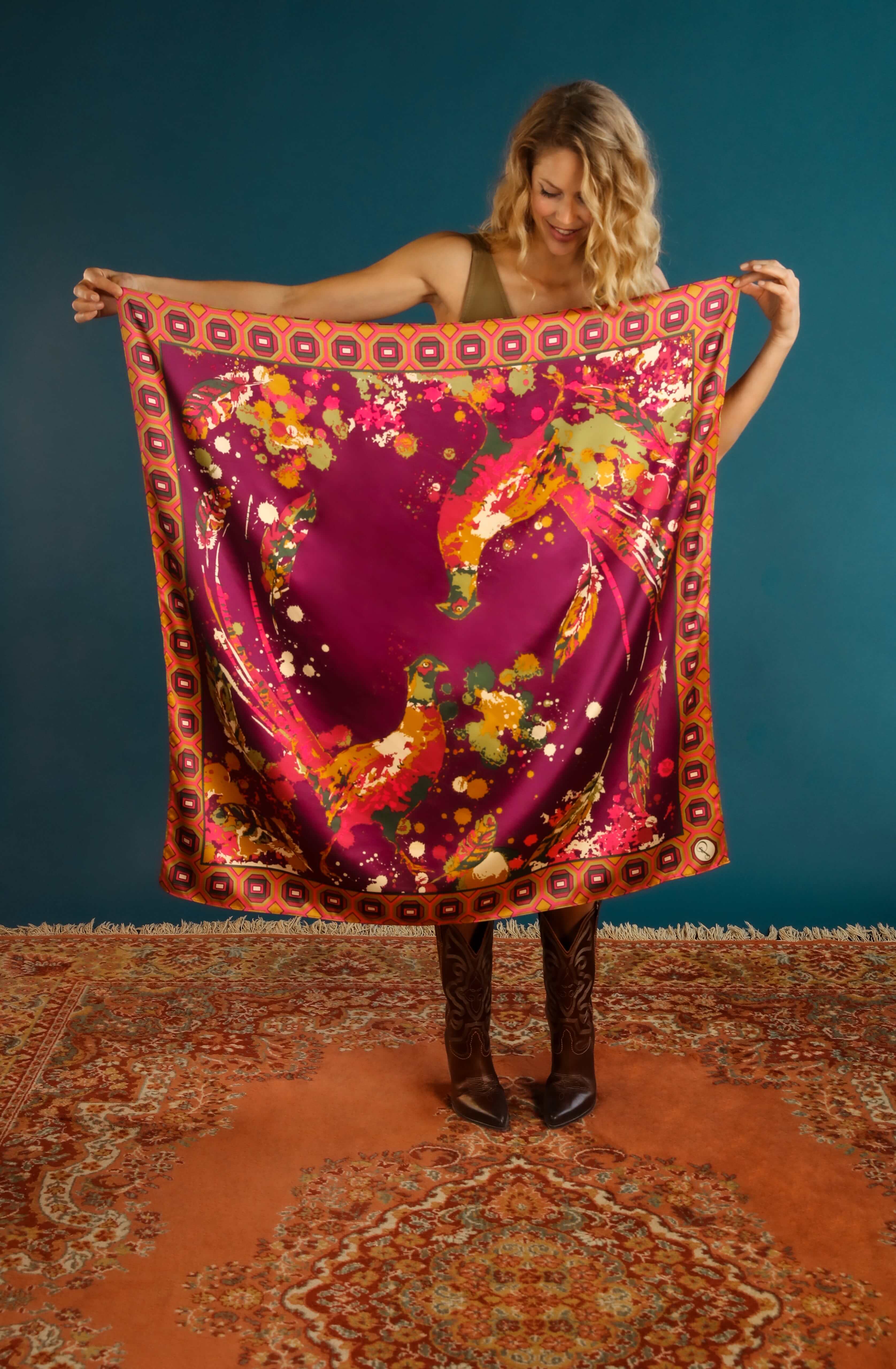 Swirling Pheasant Satin Print Square Scarf