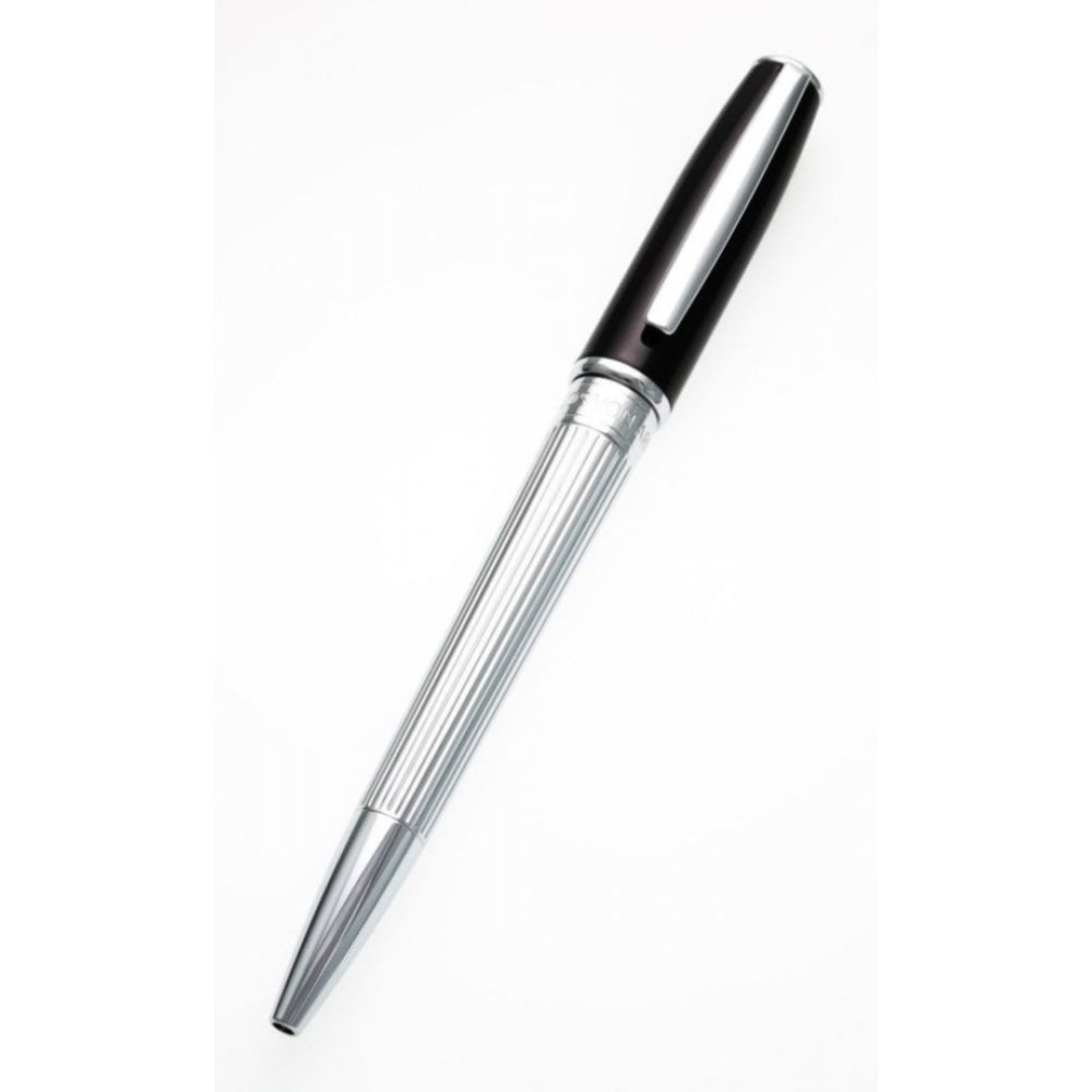 Set of Stripe Pattern Roller Ball & Ball Point Pen With Silver Base & Gloss Black Lid