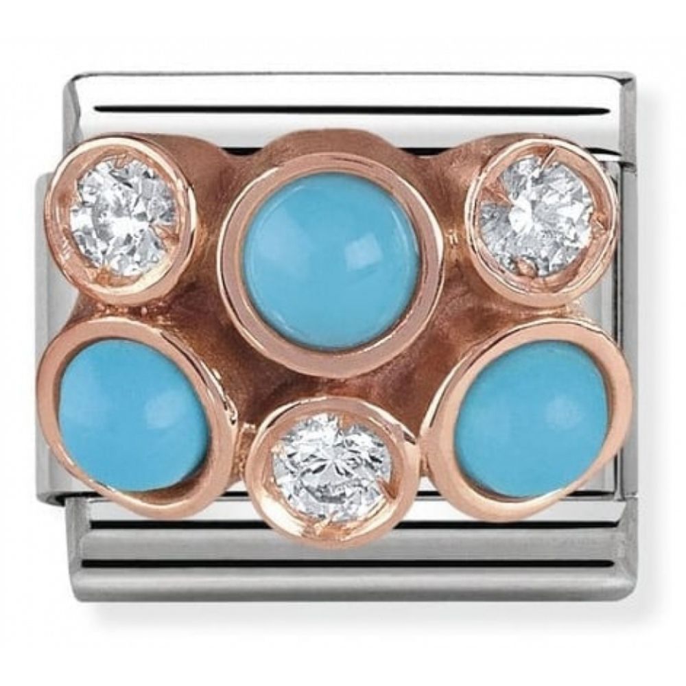 Classic Cluster With Turquoise In Stainless Steel, Stones, Zirconia & 9k Rose Gold Cluster Charm