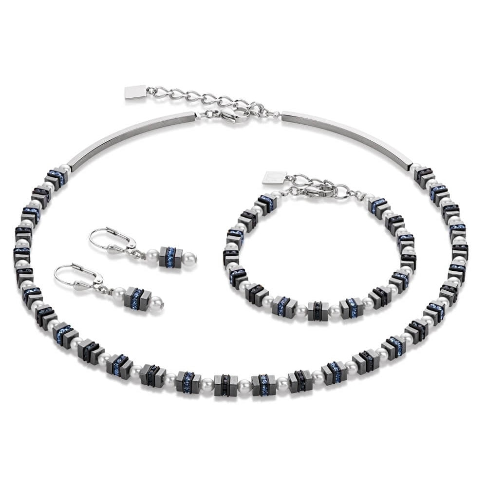 Blue Crystal & Pearl Bracelet, Earrings and Necklace Set