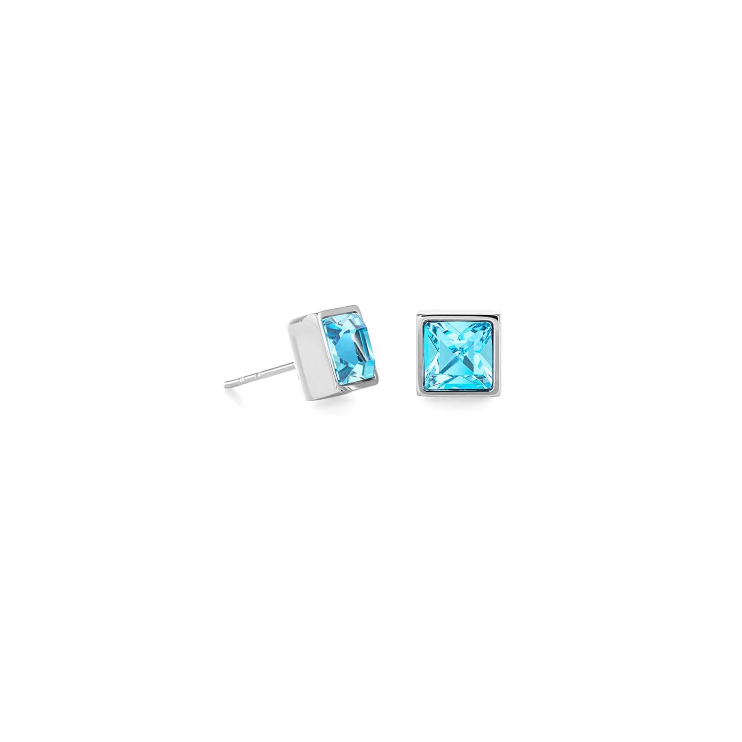 Brilliant Square Big Silver Aqua Earrings