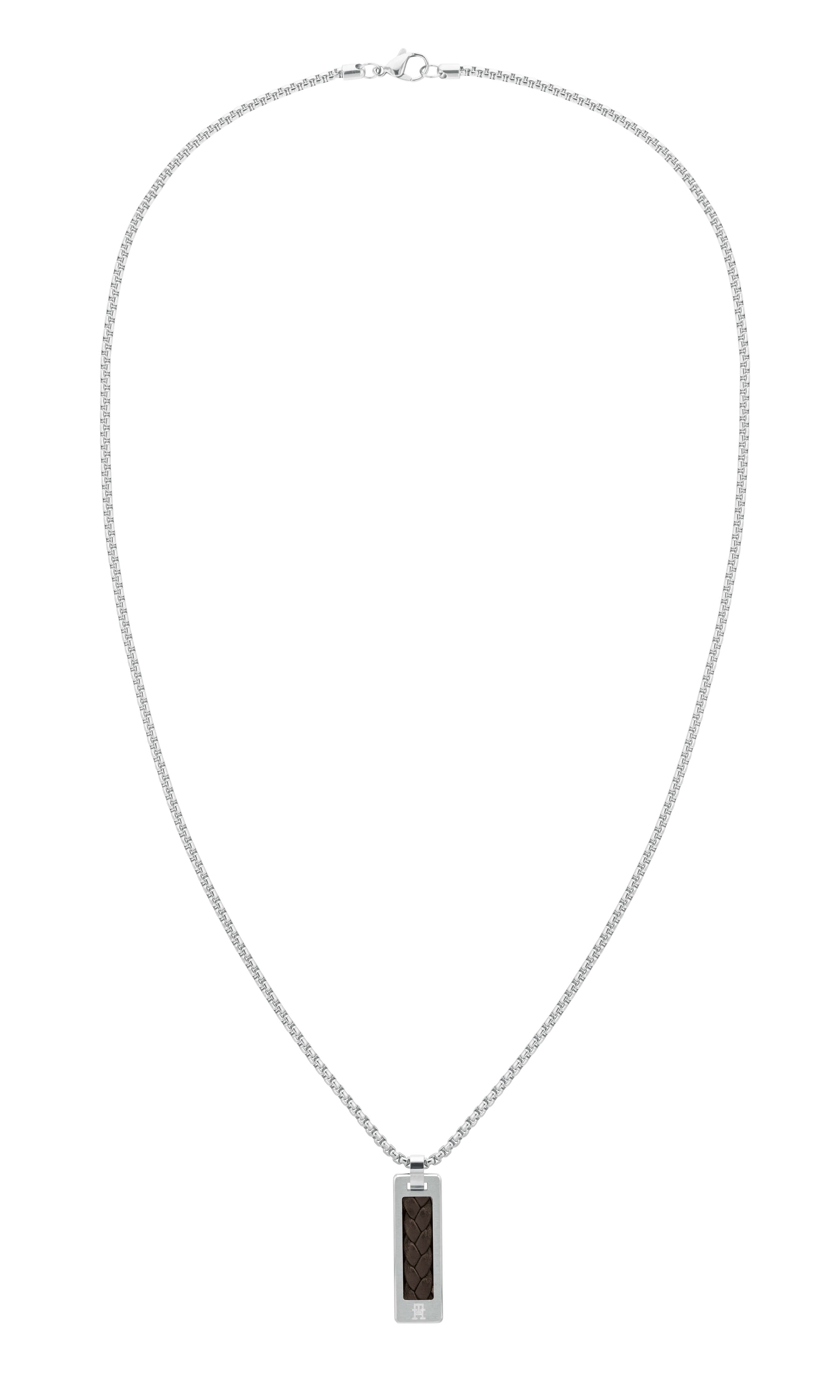 Braided Brown Leather SS Dog Tag Gents Necklace