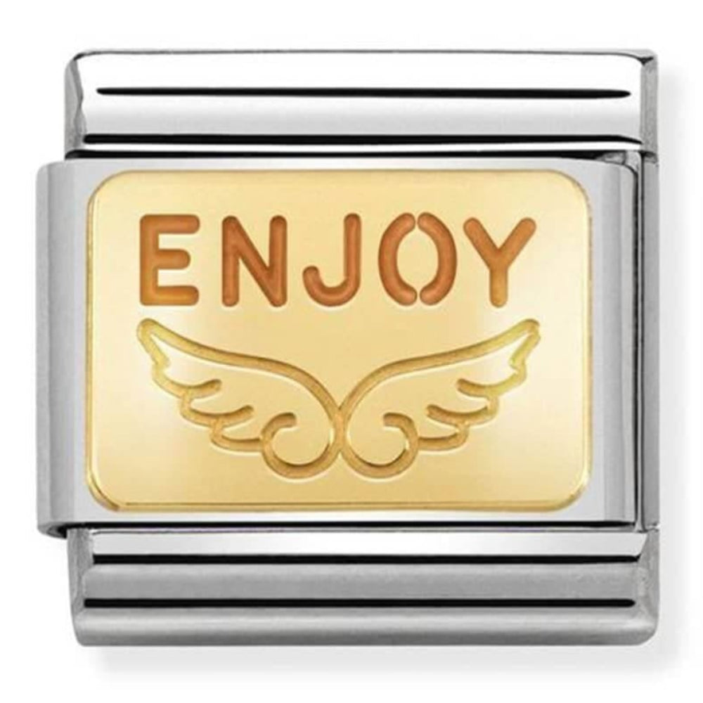 Classic Plates 18k Gold & Orange Enamel Stainless Steel Enjoy Life Angel Link