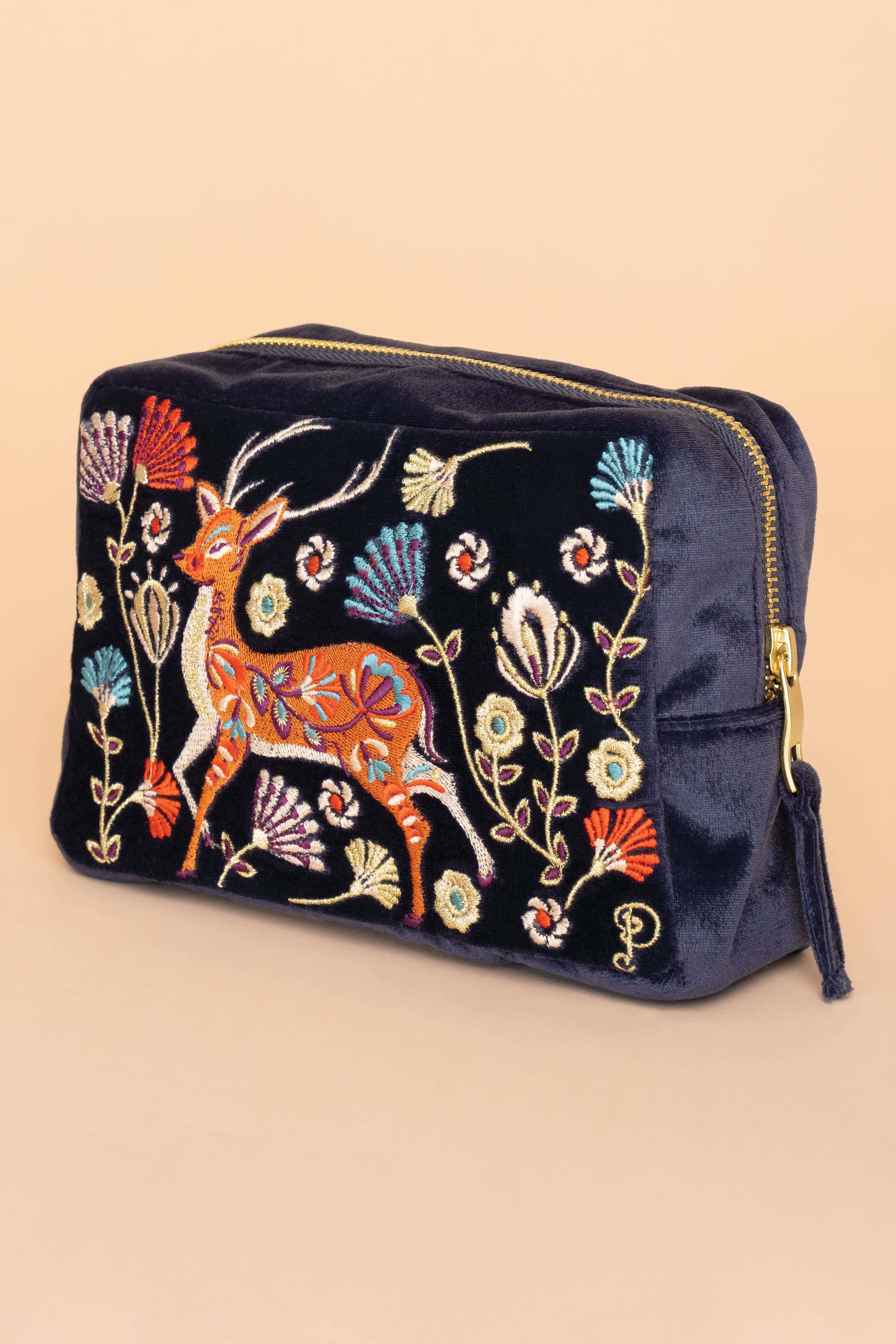 Folk Art Deer Velvet Make-Up Bag - Slate