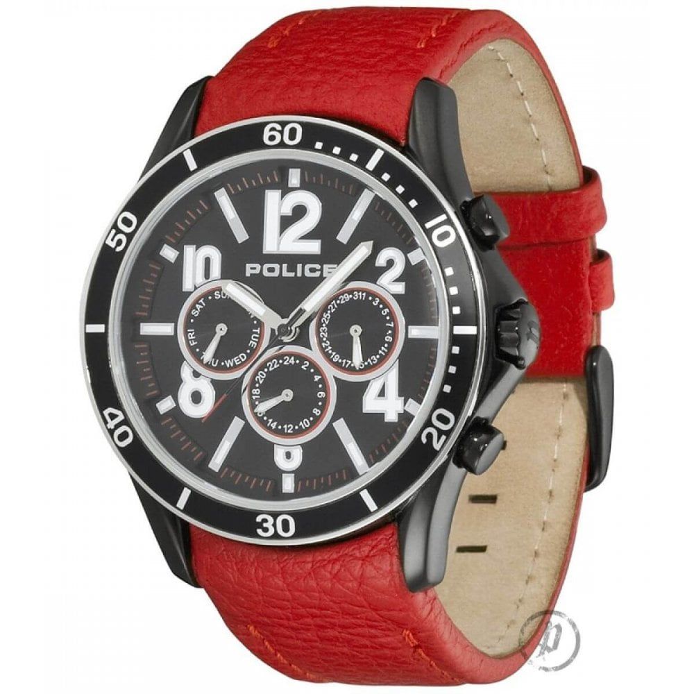 Black IP Case With Black Multi Dial & Red Leather Strap Theory Gents Watch