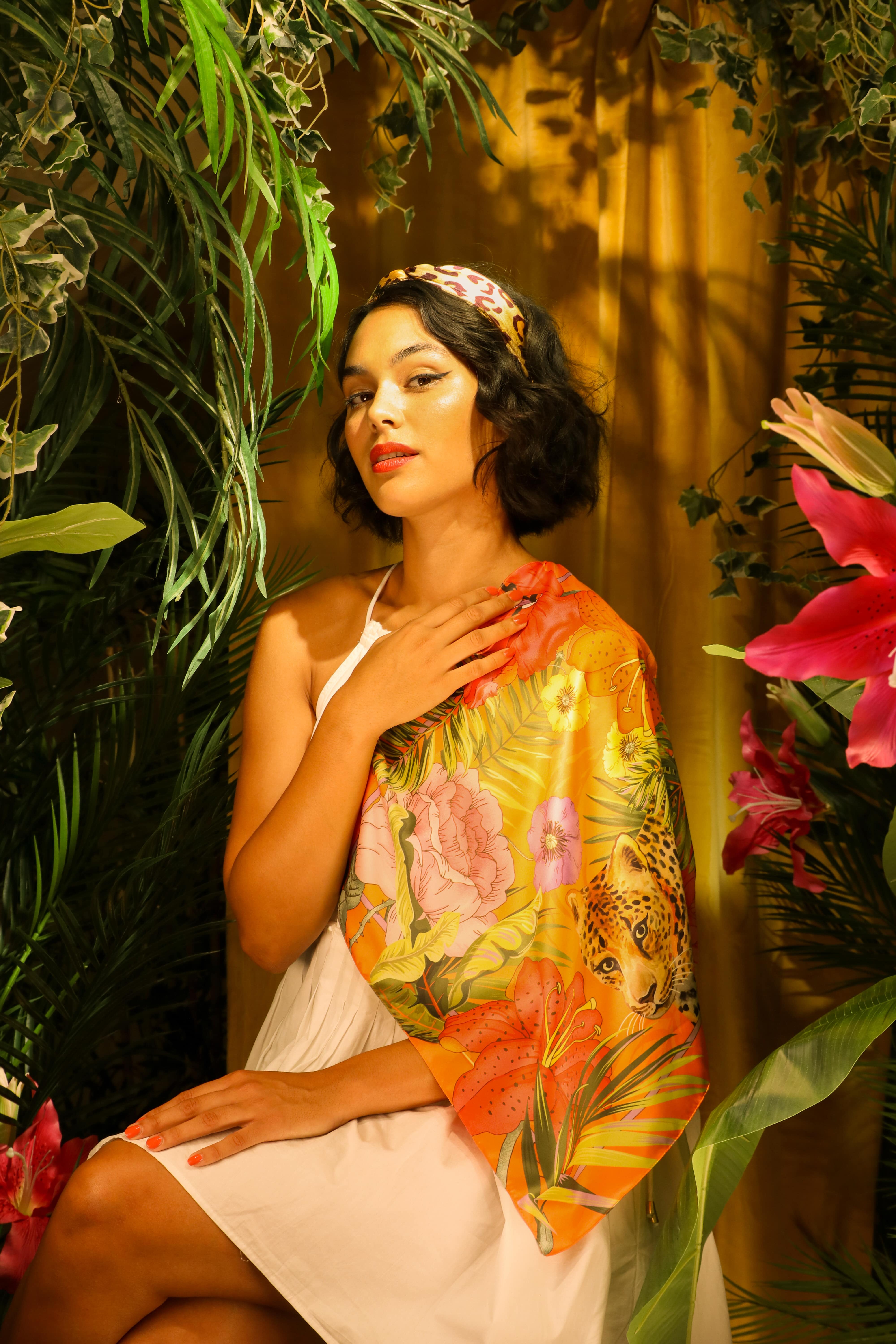 Small Satin Square Blooming Jungle Scarf