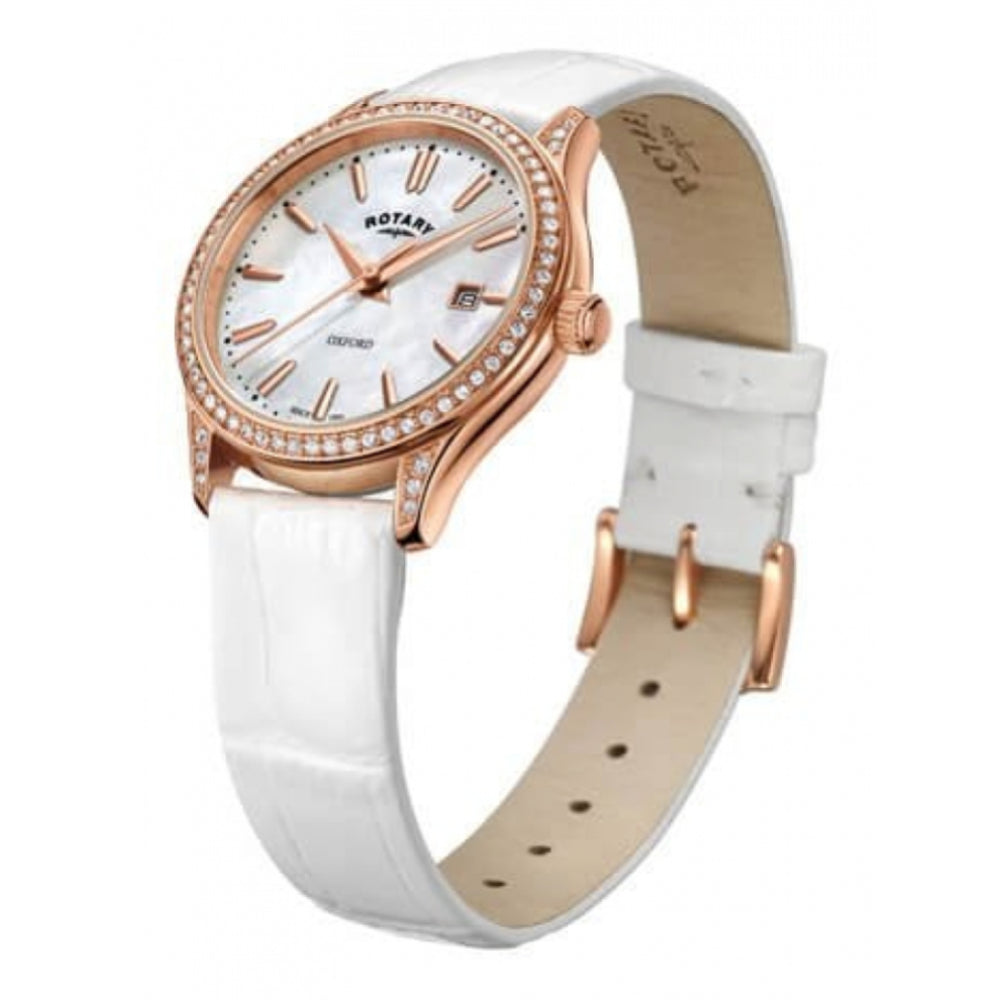 Rose Gold Tone Case With Stones Around White Dial & White Leather Strap Ladies Oxford Watch