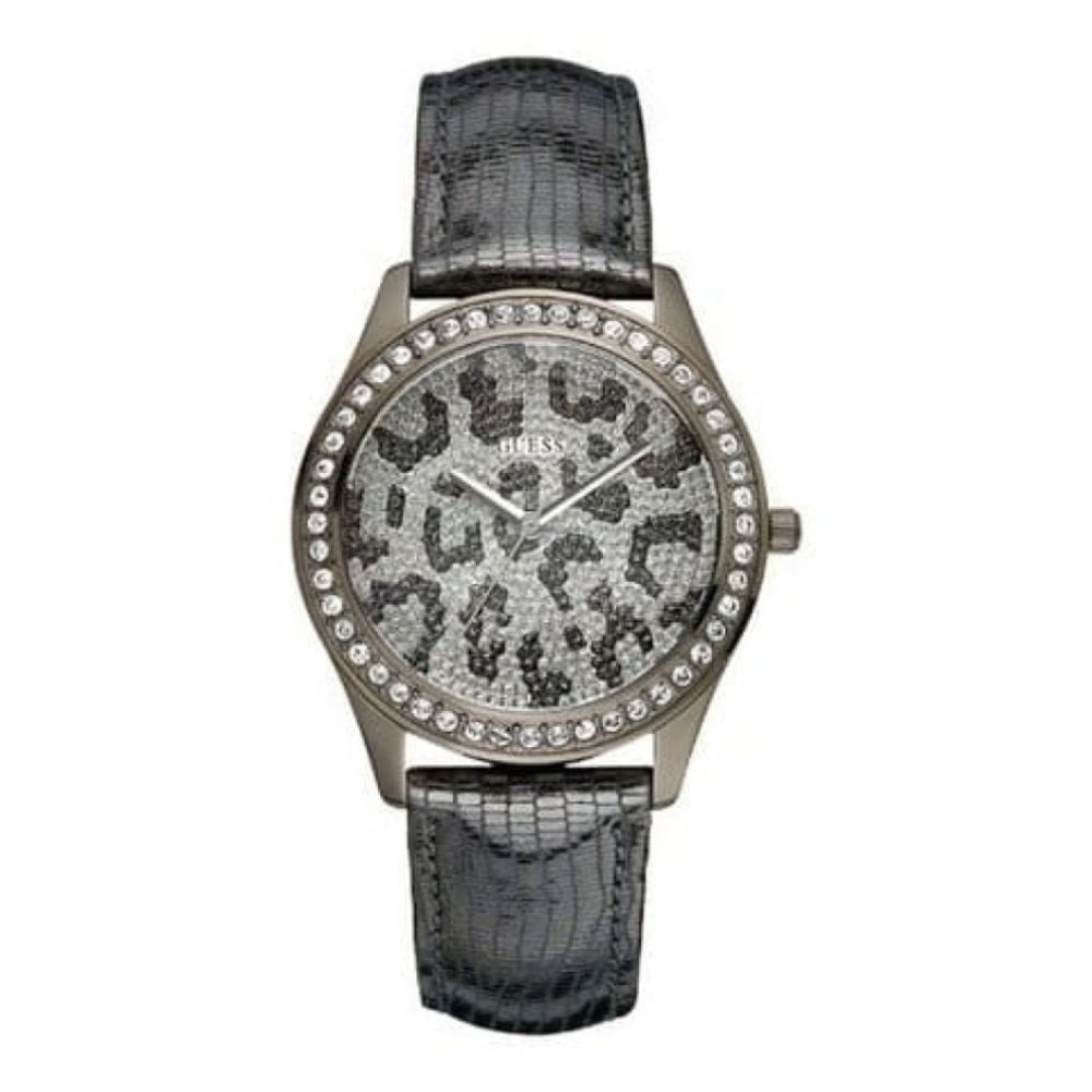 Ladies Time To Give Gun Metal Animal Print Grey Leather Adjustable Wrist Watch