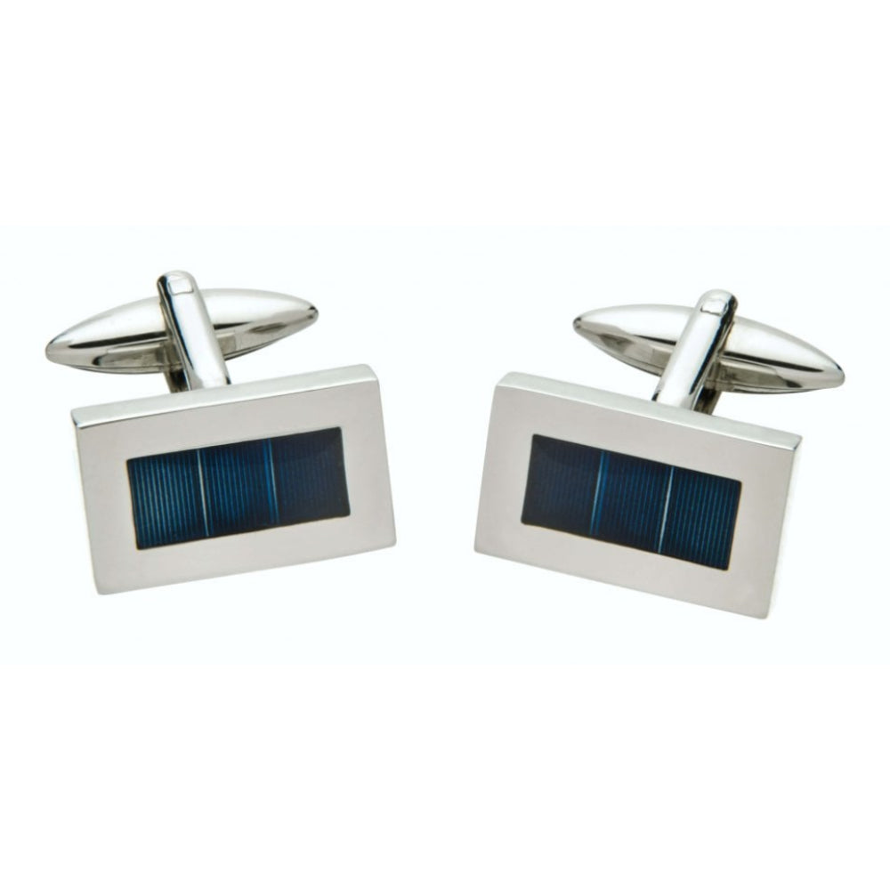 Brass Round Cufflinks With Lined Pattern & Blue Rectangular Enamel Centre