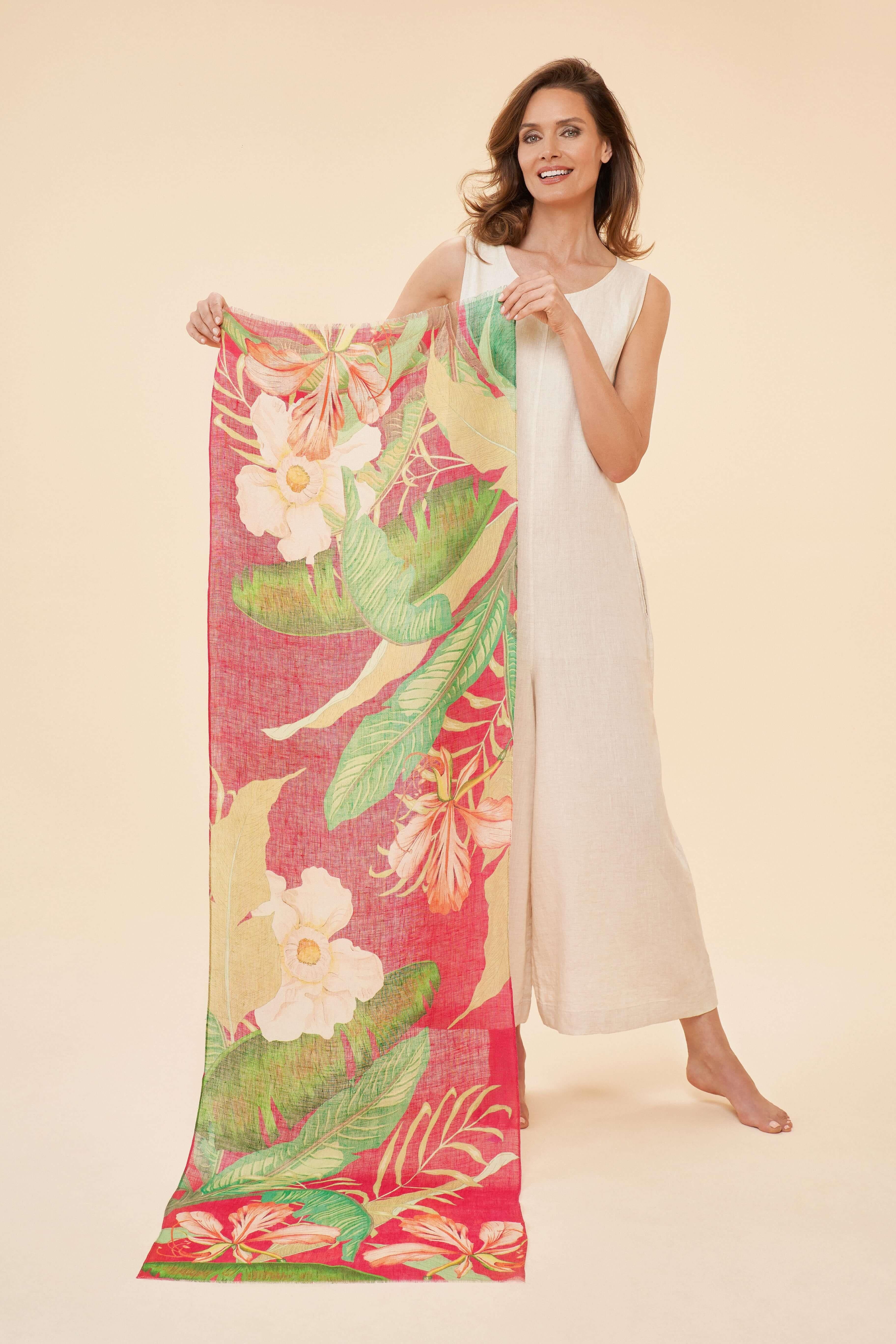 Delicate Tropical - Dark Rose Linen Print Scarf