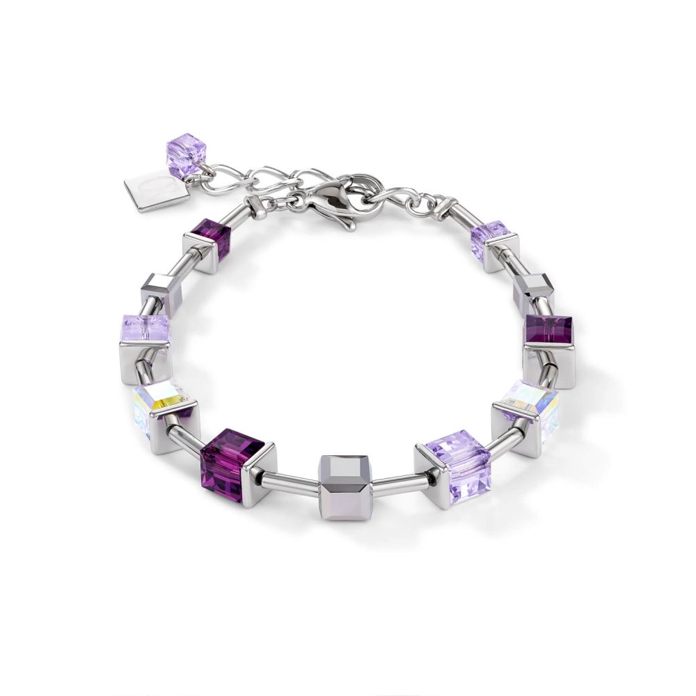 Swarovski Crystals & Amethyst Geo Cube Stainless Steel Bracelet