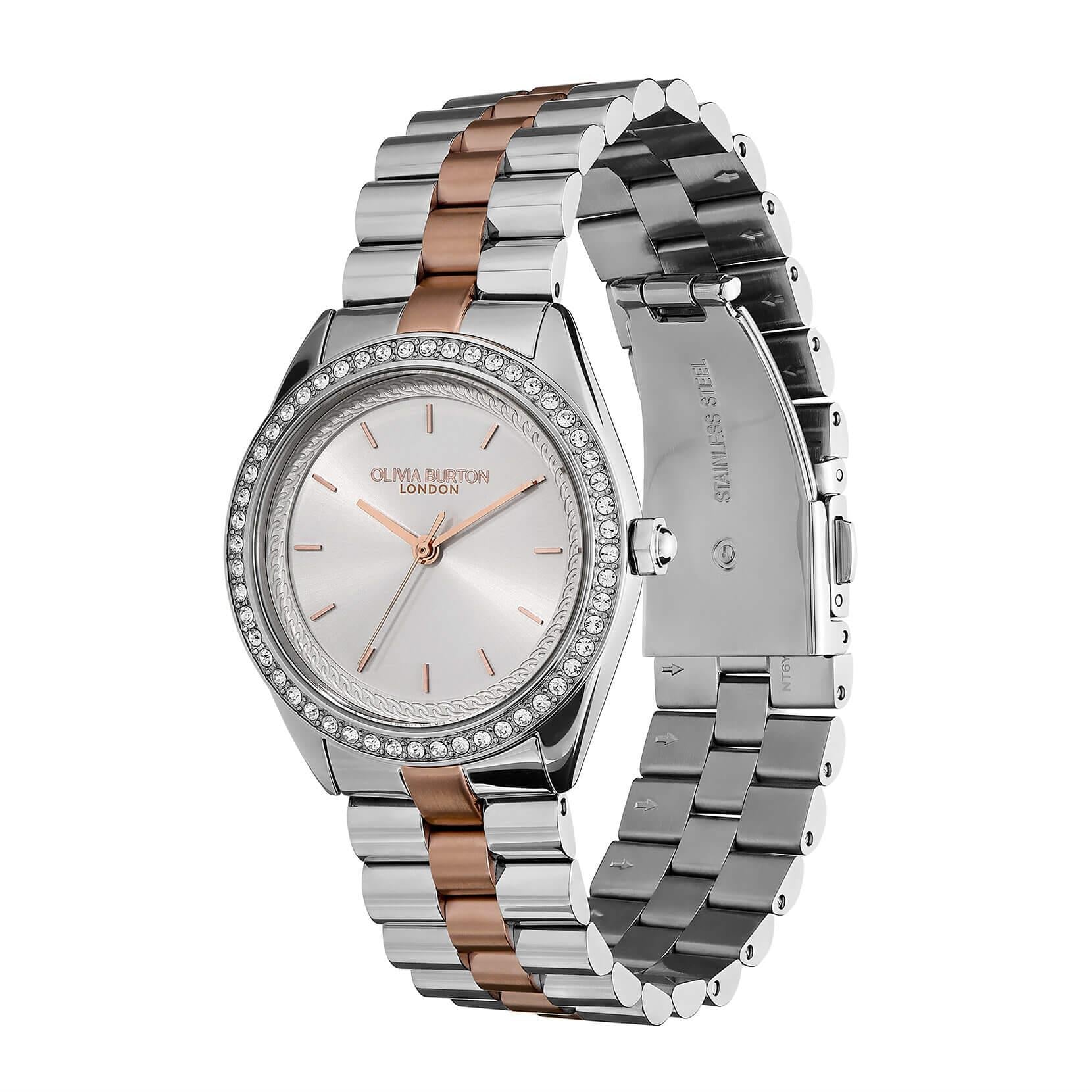 Bejewelled Silver Dial & Two Tone Bracelet Watch