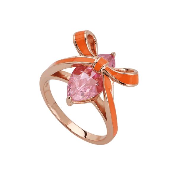 Amelia Bow Ring In Coral Enamel, Pink CZ & Rose Gold- M