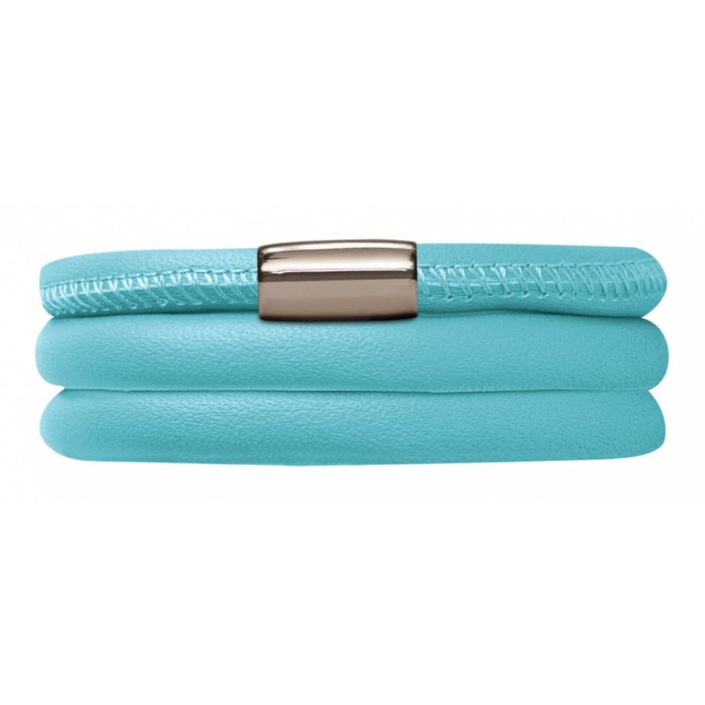 Blue Leather Triple Band Stainless Steel Bracelet