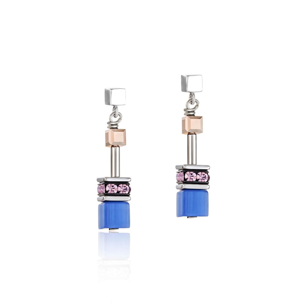 Blue-Brown-Lilac Geo Cube Stickpin Earrings