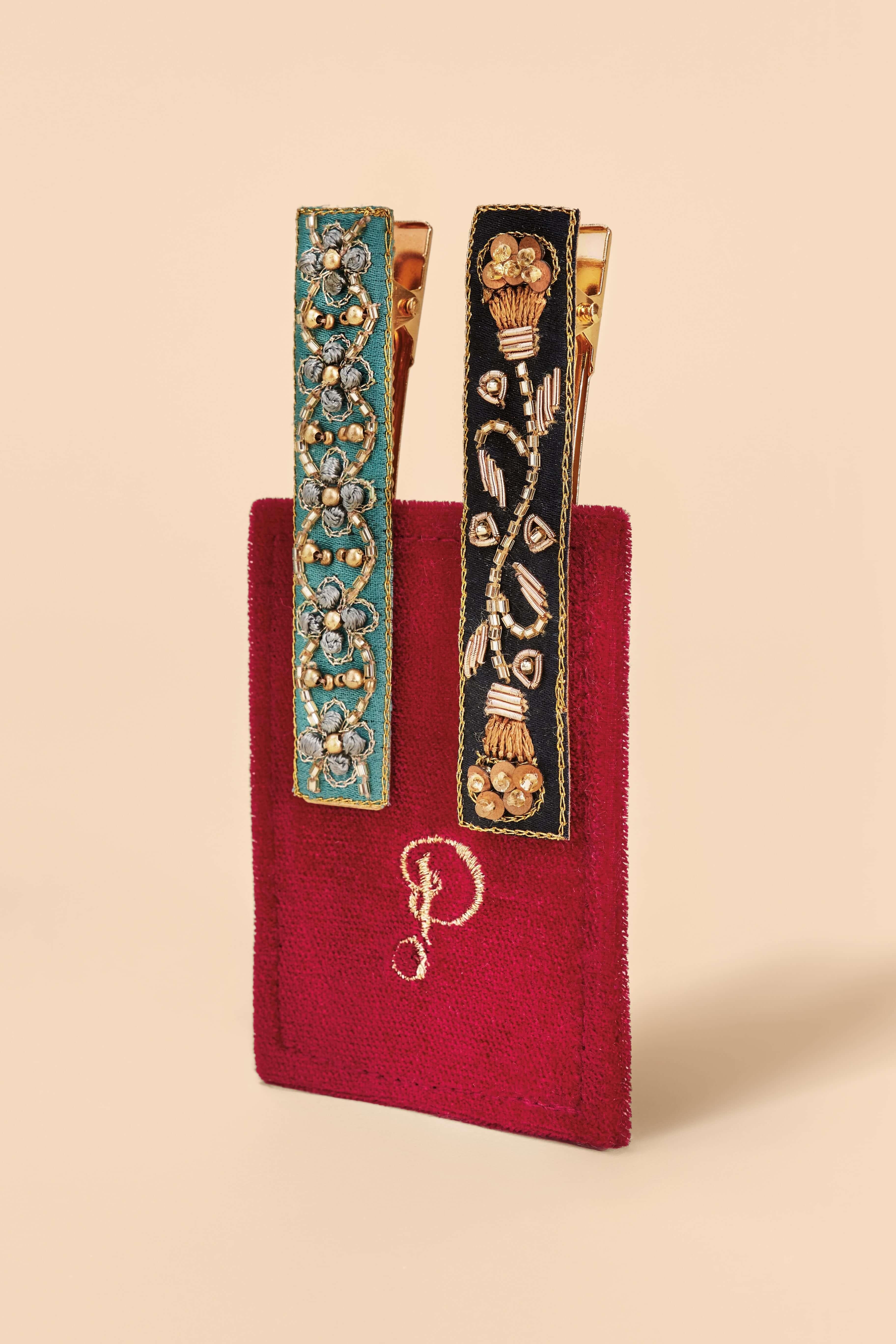 Narrow Jewelled Hair Bar (Set of 2) - Ribbon and Vine, Turquoise & Charcoal