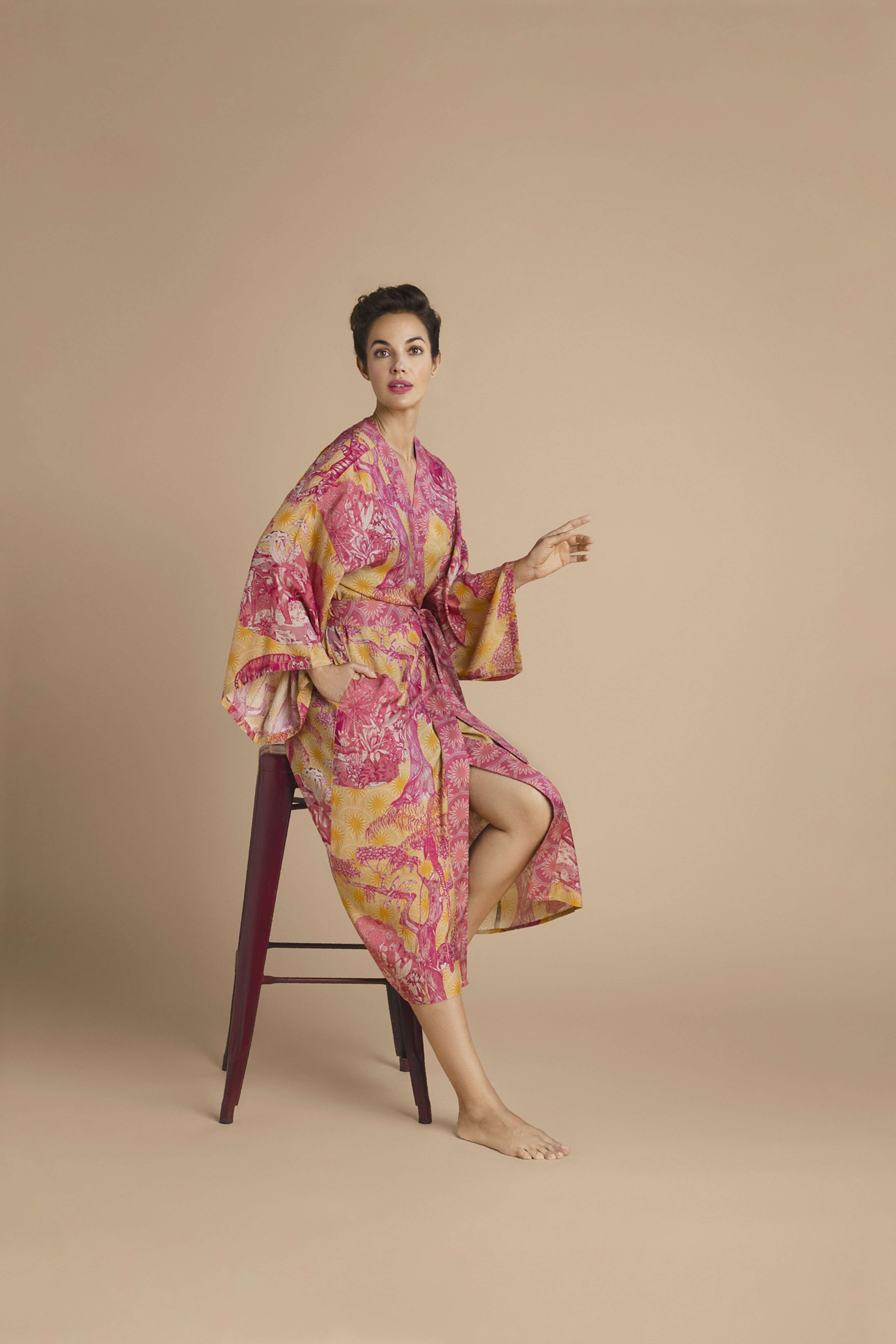 Tropical Toile Kimono Gown - Pineapple & Raspberry