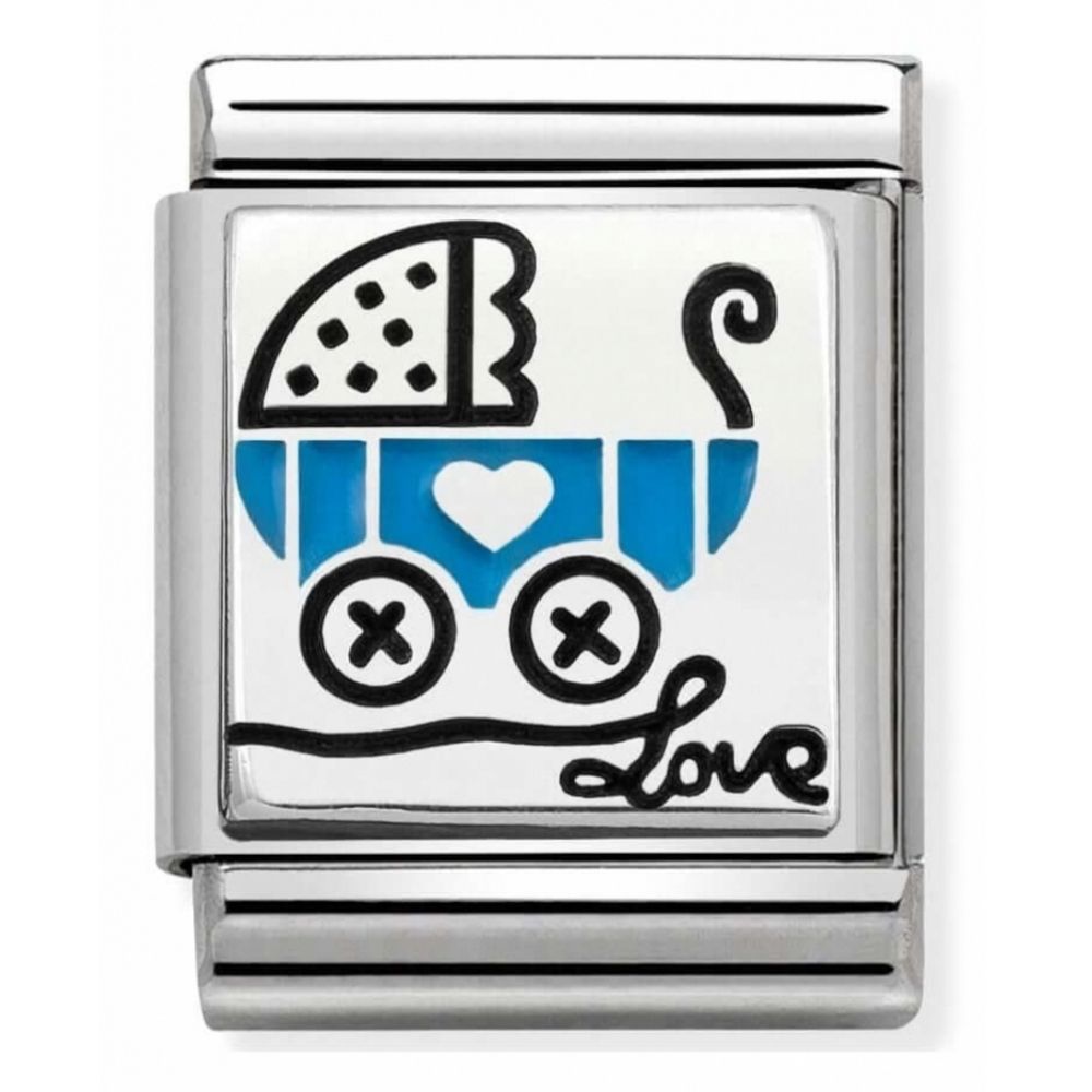 Composable Oxidised Light Blue Pram Stainless Steel, Enamel And Sterling Silver Big Charm