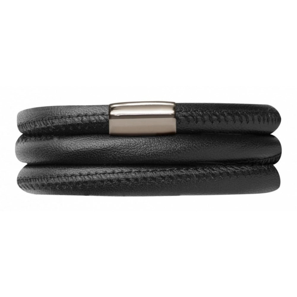 Triple Band Black Leather Stainless Steel Bracelet
