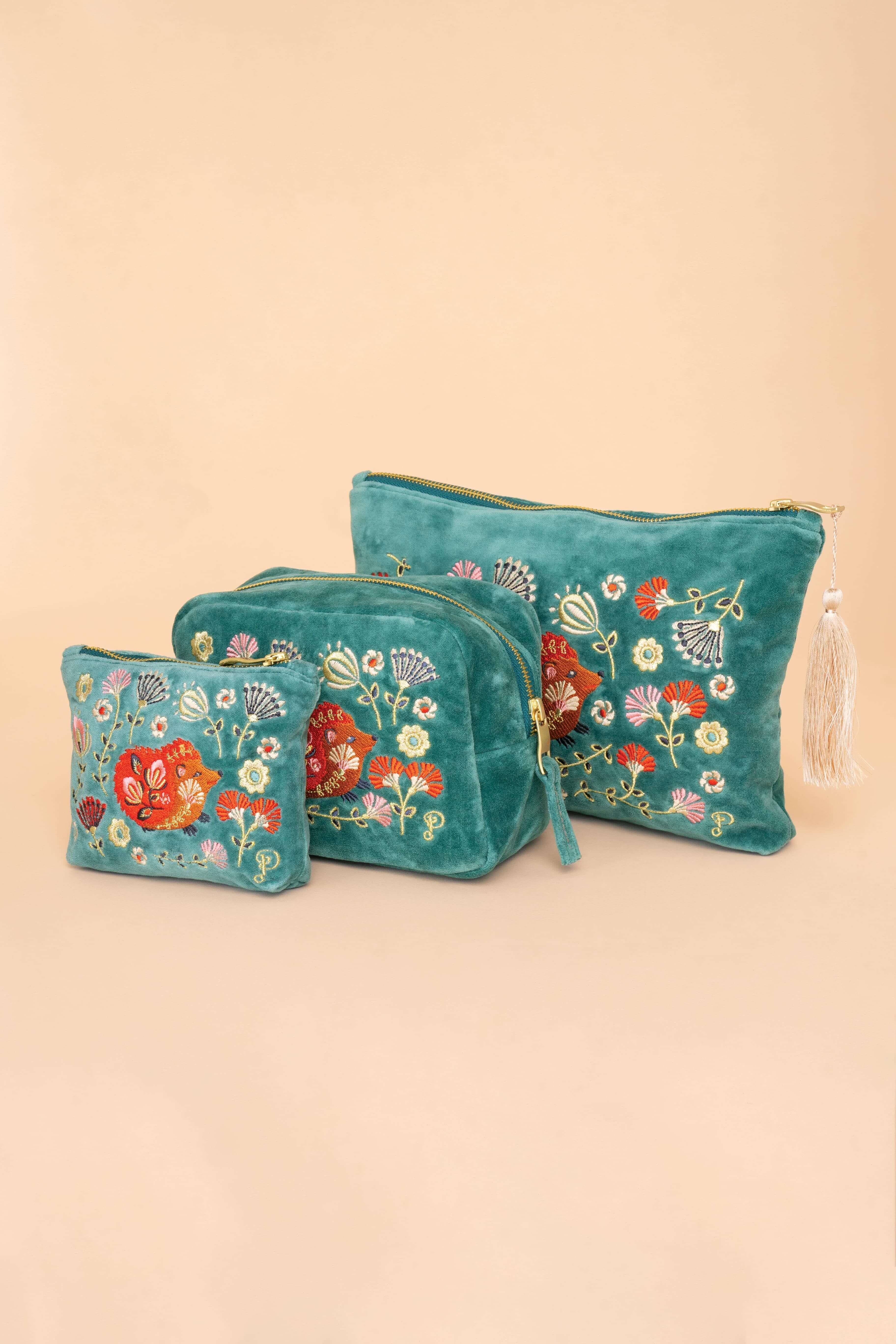 Folk Art Hedgehog Velvet Make-Up Bag - Aqua