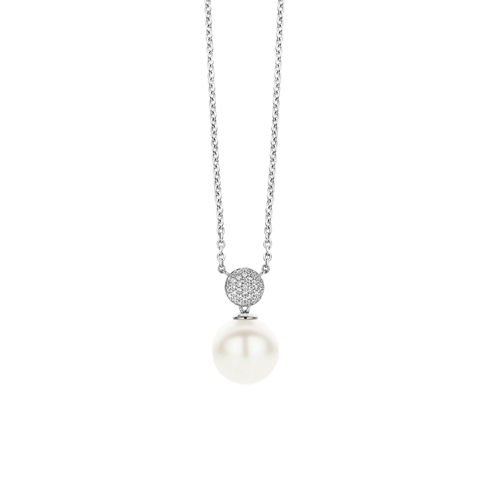 White Pearl With CZ Disc Pendant Necklace
