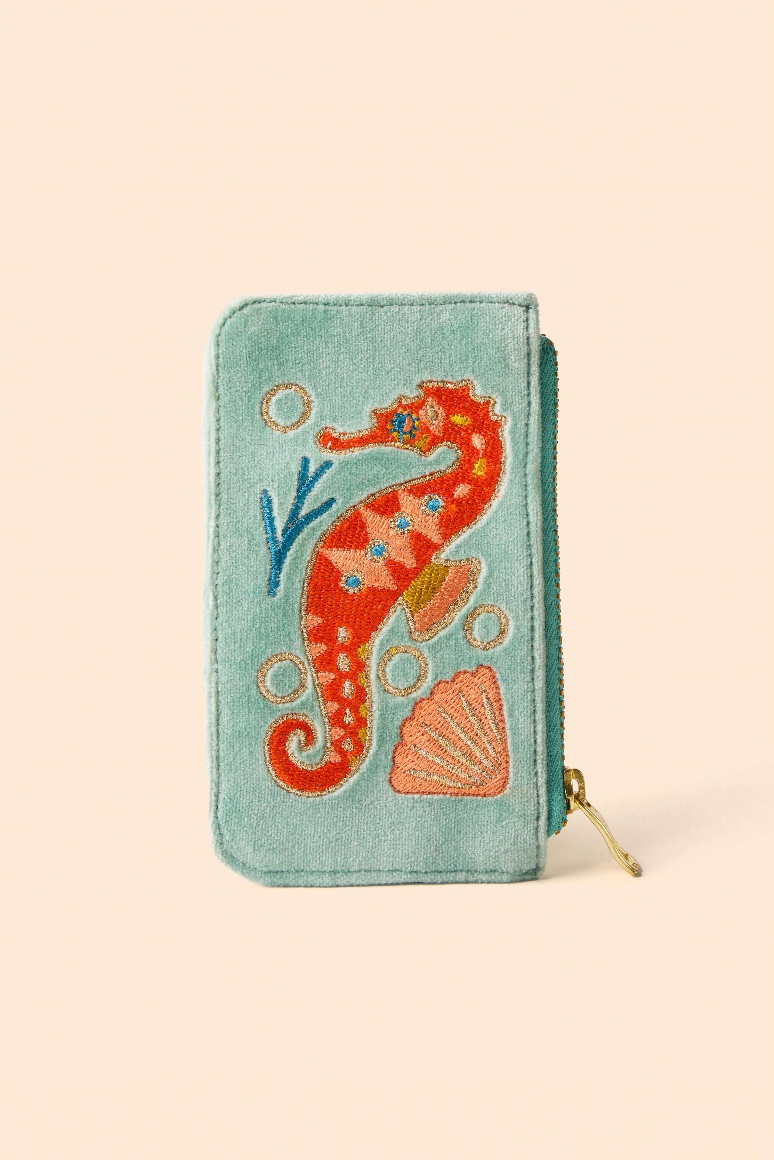 Sparkling Seahorse Velvet Card Holder - Aqua