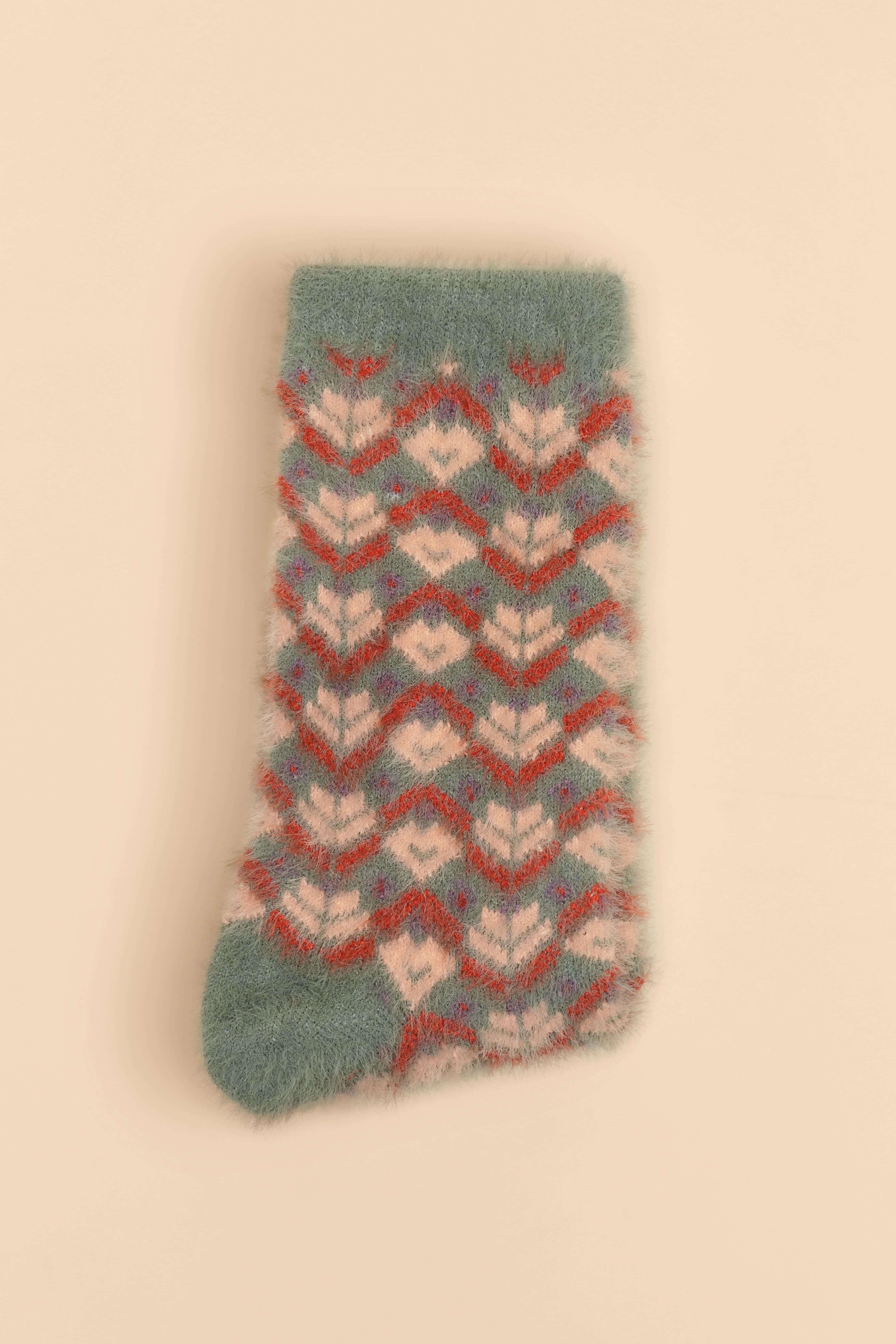 Fair Isle Fuzzy Slipper Socks - Teal