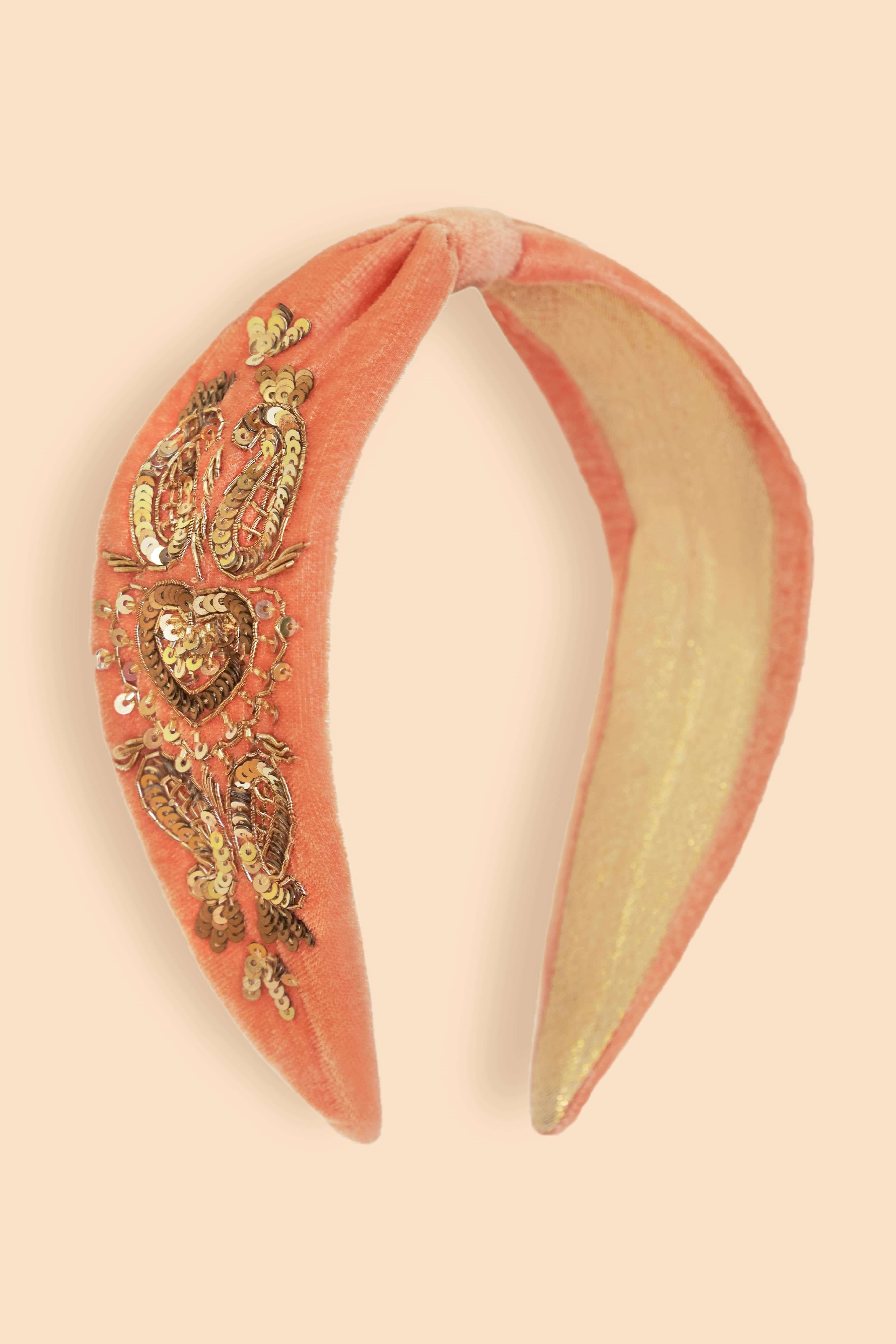 Velvet Embellished Headband - Coral Heart