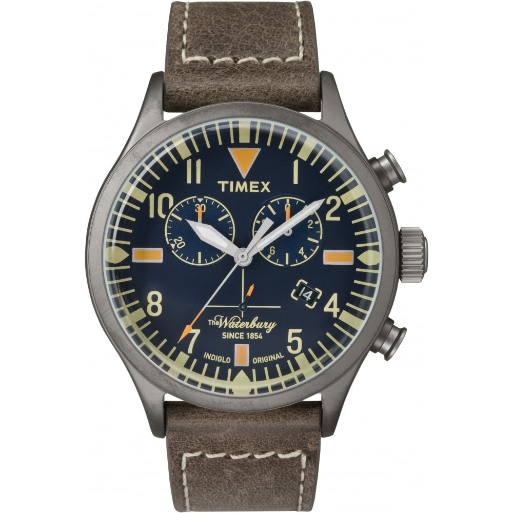The Waterbury Chronograph Gunmetal Case Blue Dial Brown Strap