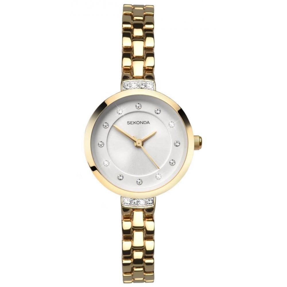 Gold Plated Stone Set Case With Silver Sunray Dial & Bracelet Strap Gents Watch