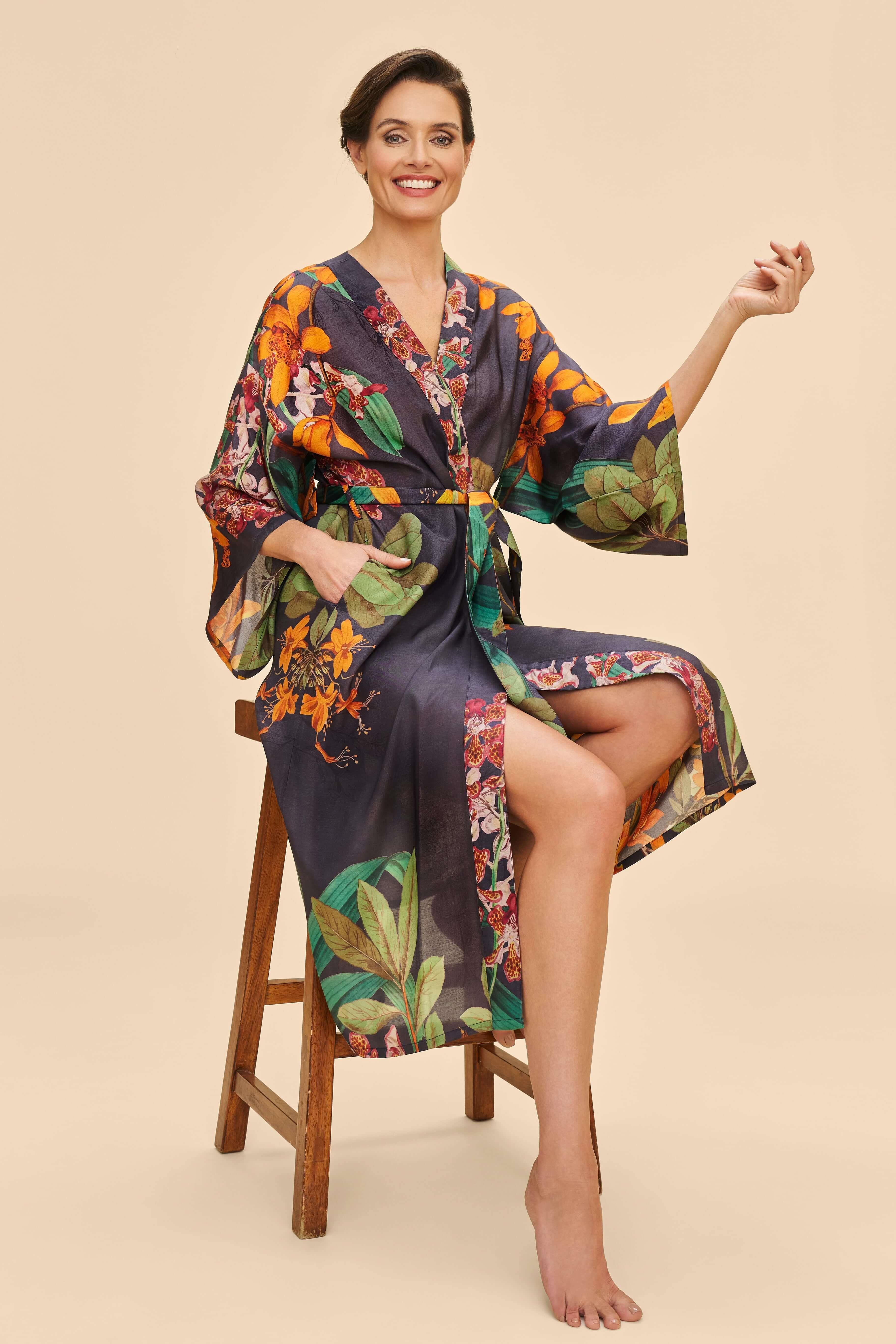 Botany Bliss in Charcoal Kimono Gown