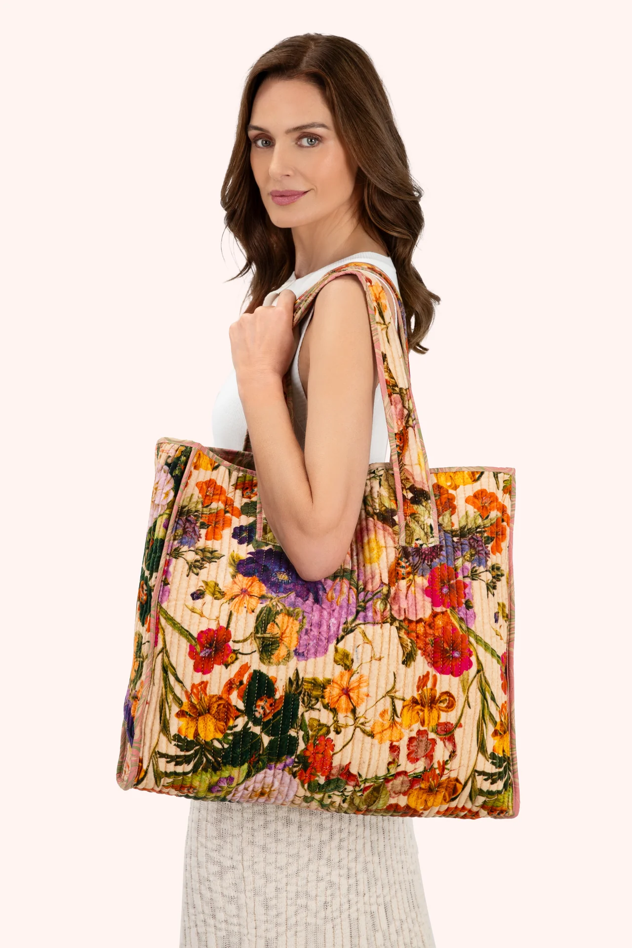 Luxe Velvet Quilted Tote Bags - Cream Posy