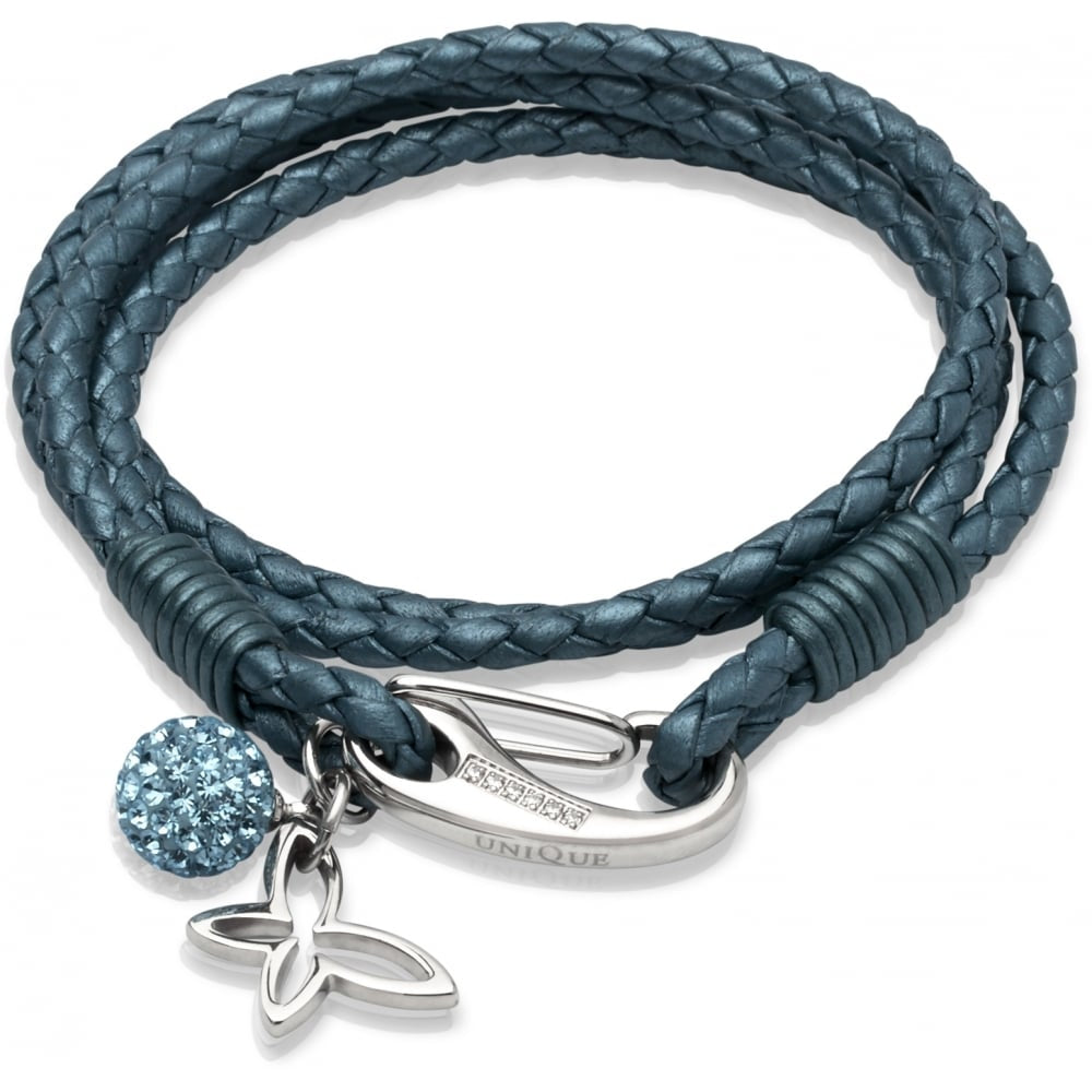 Truly Teal Leather Bracelet Steel Clasp and Butterfly with Blue CZ Stones