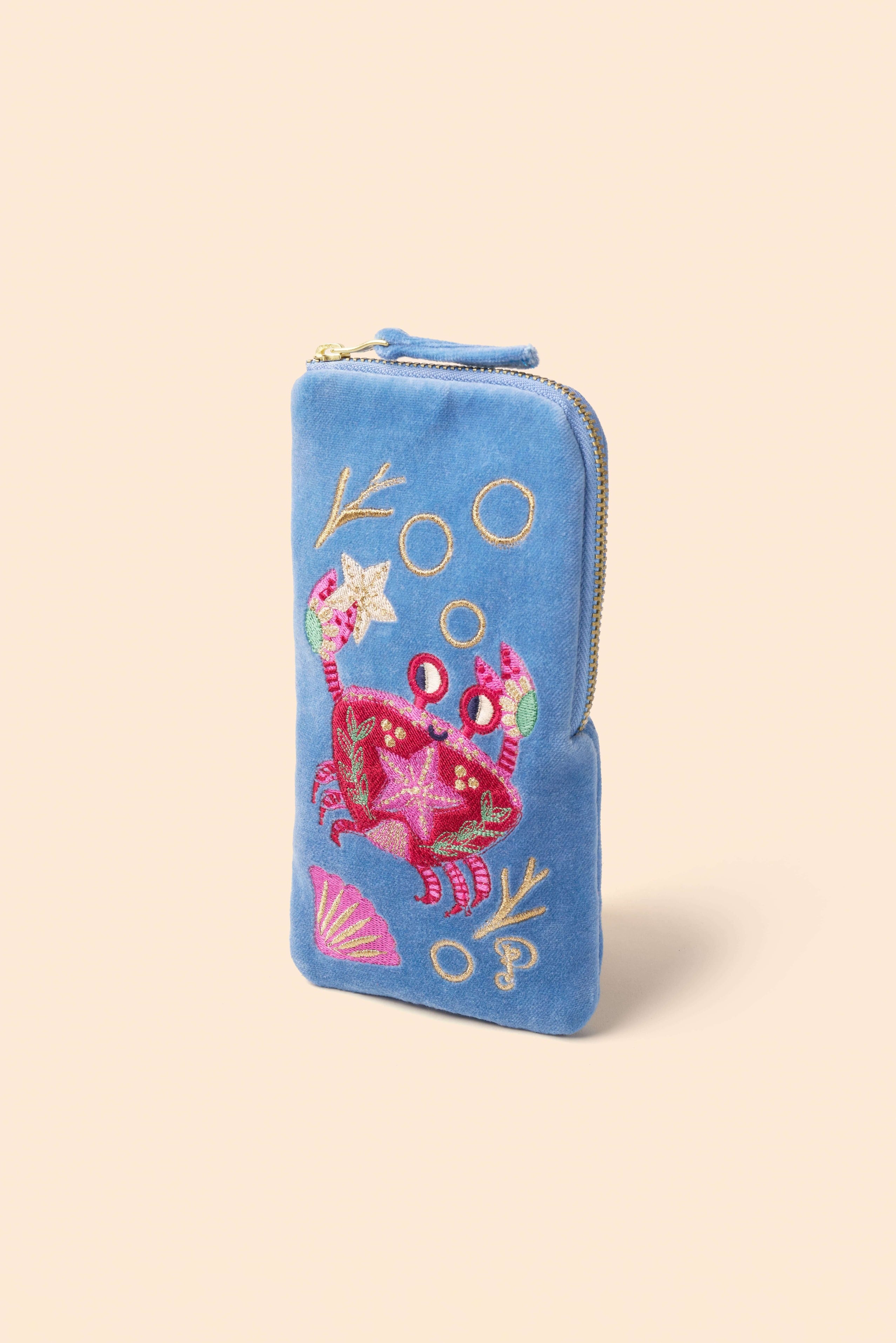 Seafaring Crab Velvet Sunglasses Pouch - Cornflower