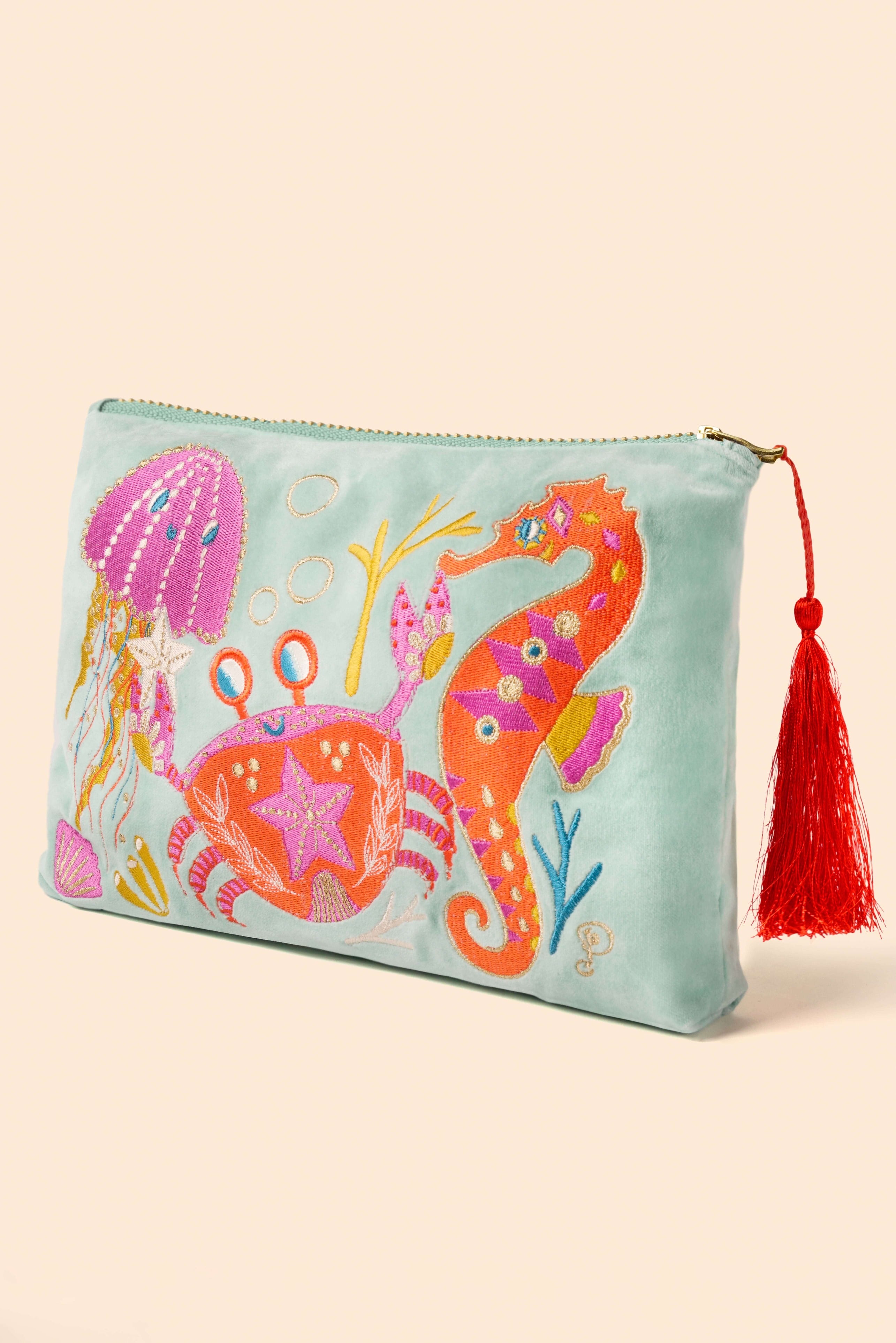 Seashore Friends Velvet Zip Pouch - Aqua