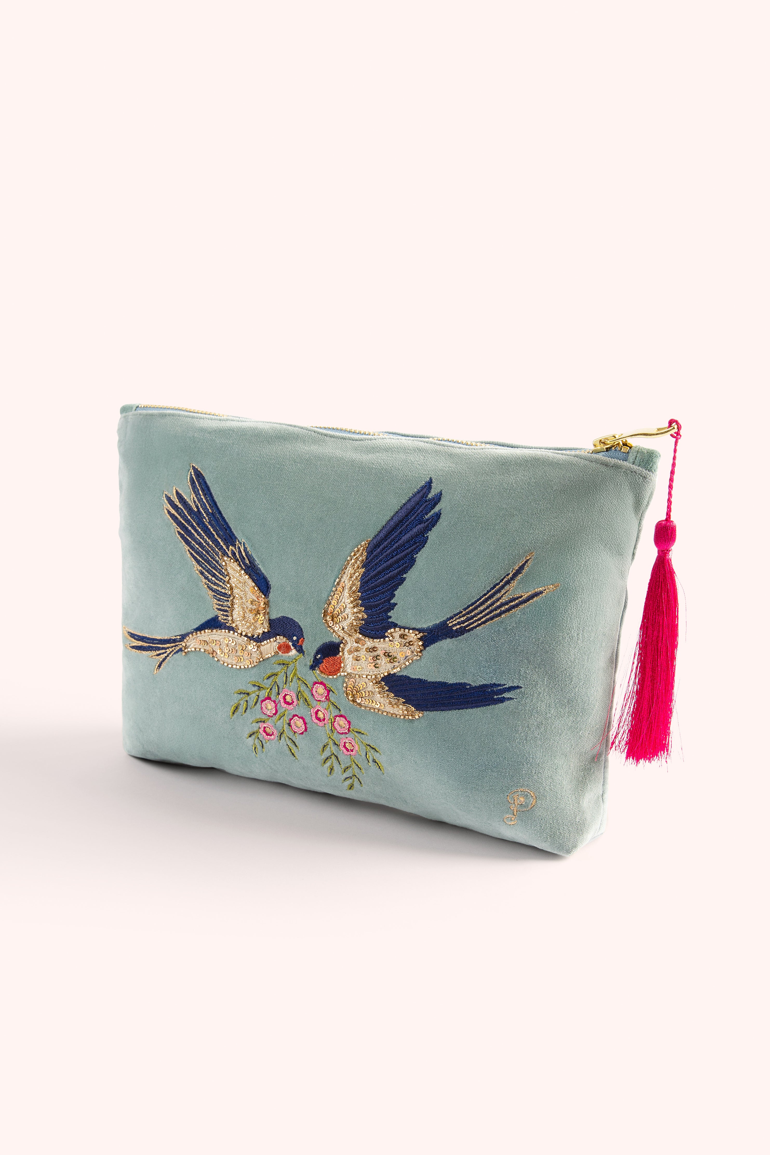 Velvet Zip Pouch - Swooping Swallows - Ice