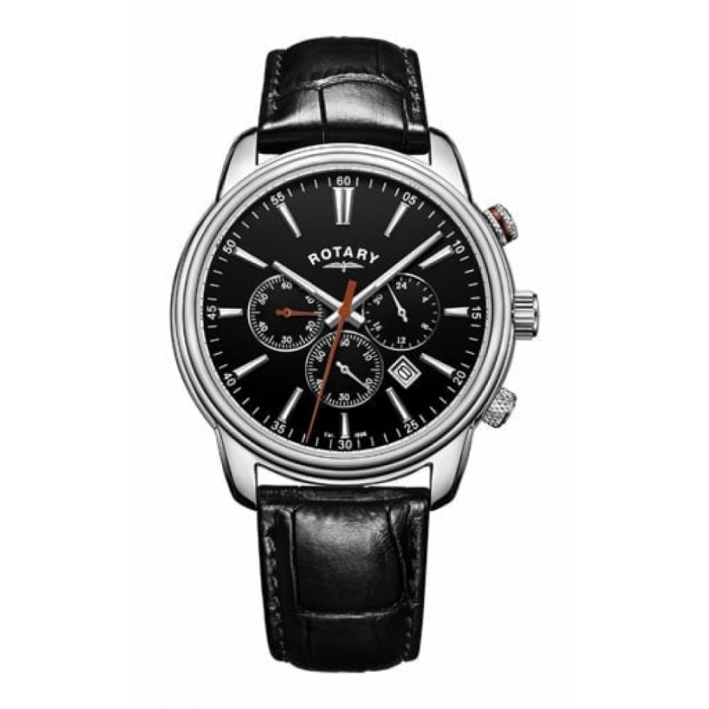 Stainless Steel Black Dial & Leather Strap Gents Chronograph Watch