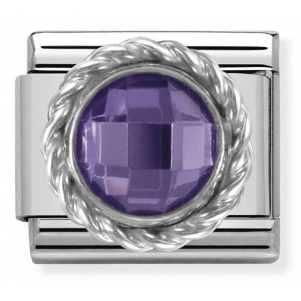 Classic Purple CZ Round Faceted Stone In Stainless Steel & Twisted 925 Silver Detail Charm