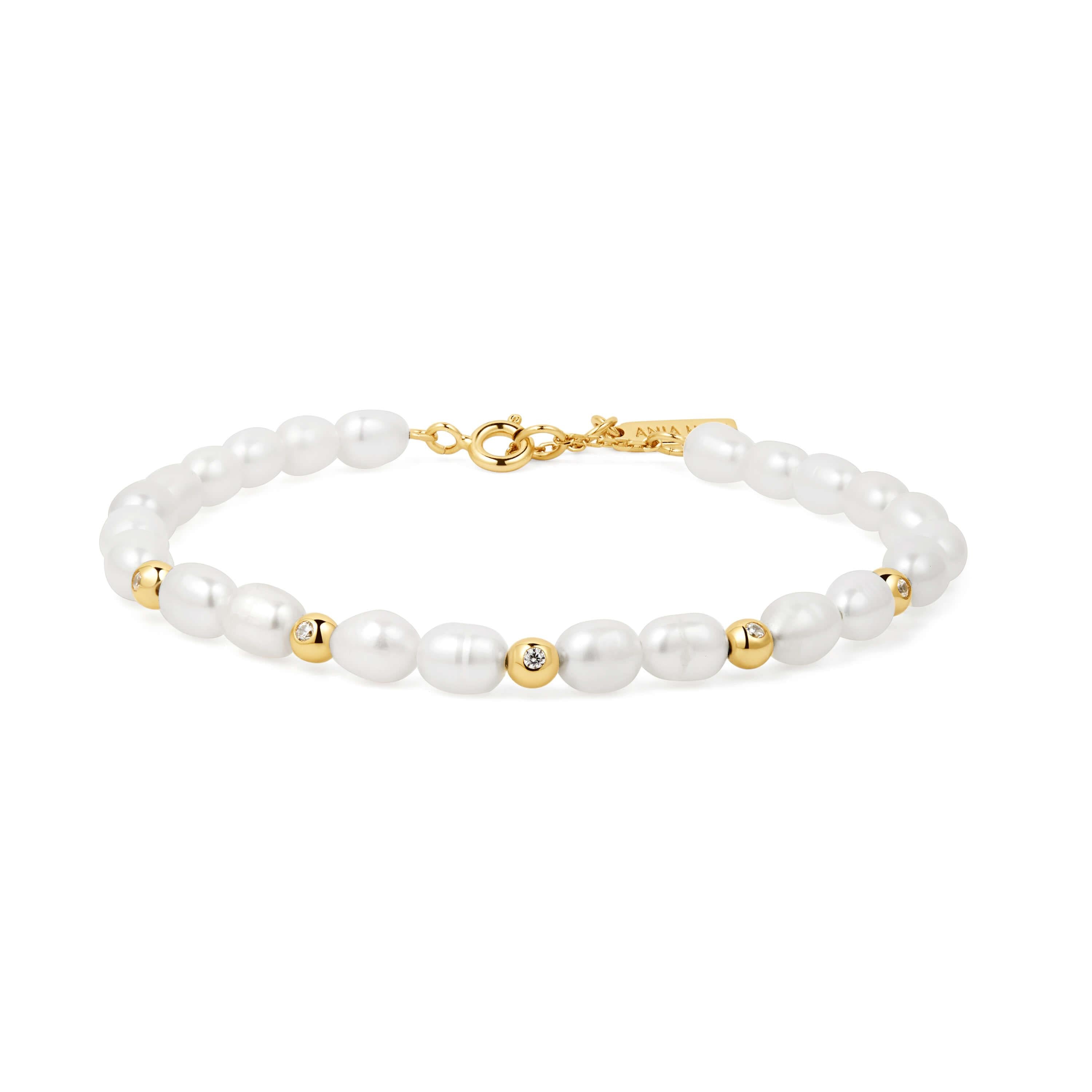 Gold Freshwater Pearl & White CZ Bezel Set Bracele