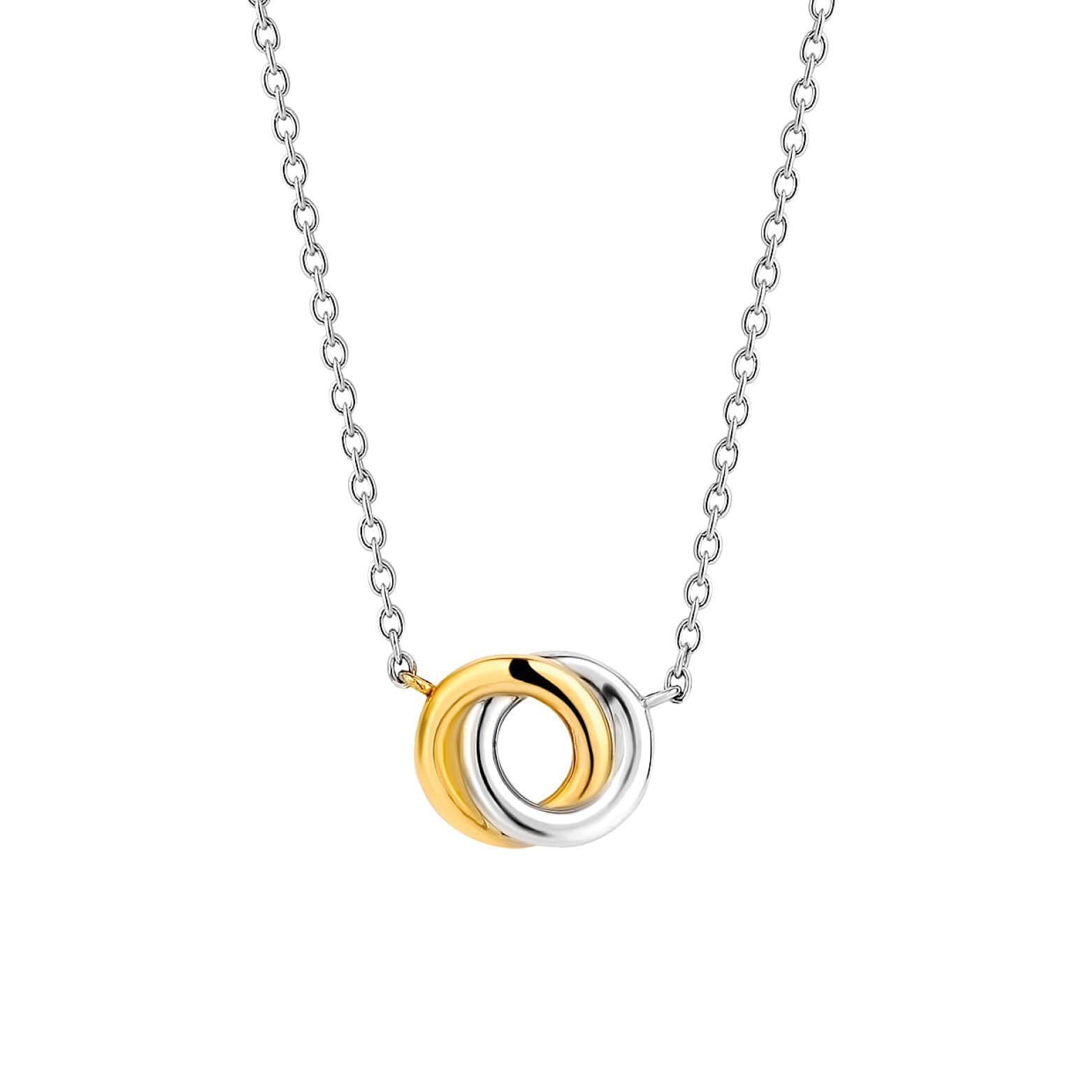 Two Tone 2 Entwined Circles CZ Pendant Necklace