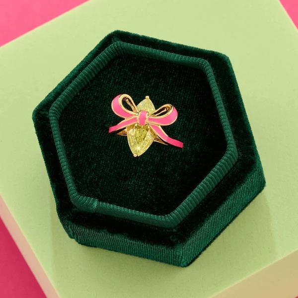 Amelia Bow Ring In Bright Pink Enamel, Lime CZ & Gold - M